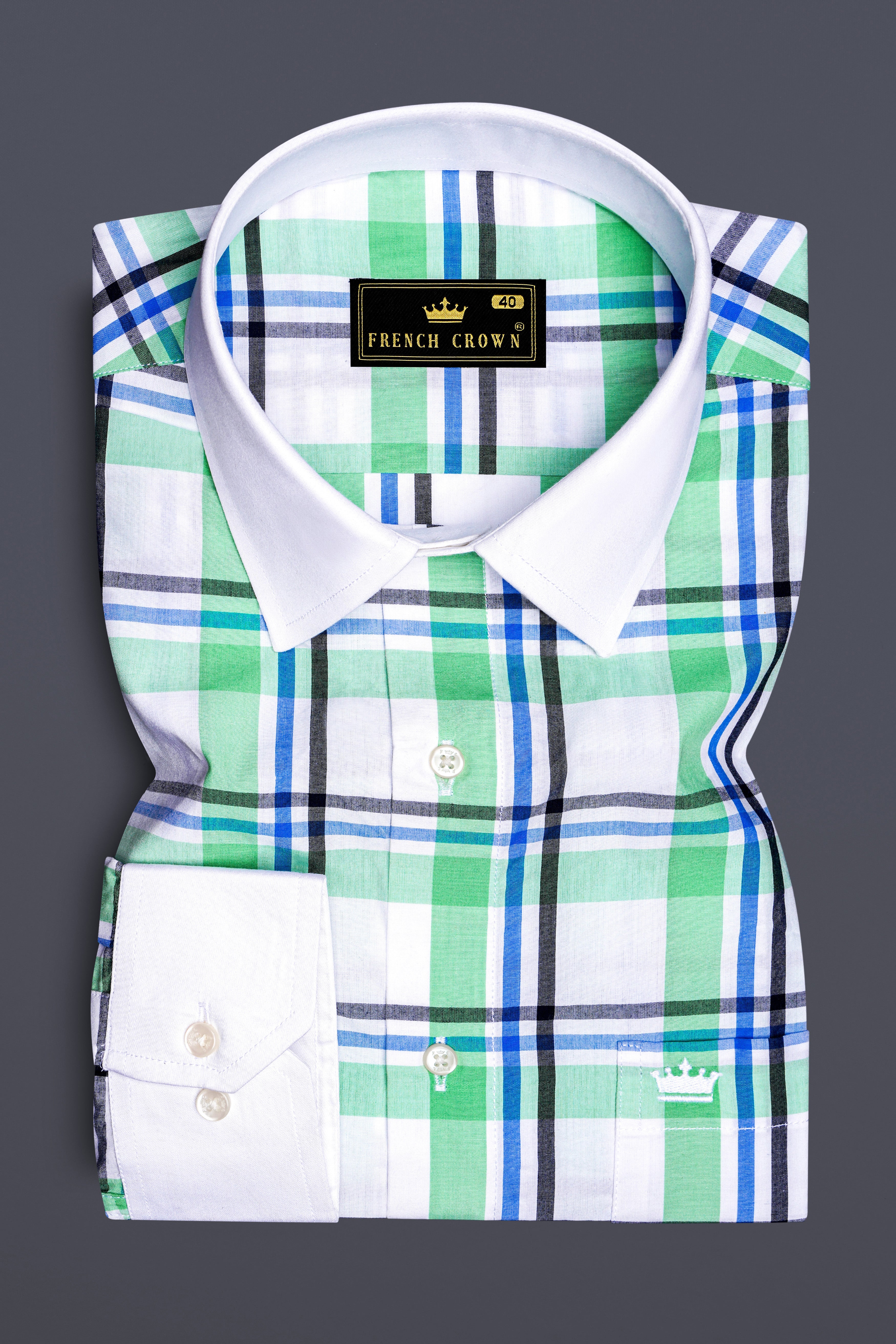 Bright White with Oxley Green and Black Windowpane Premium Cotton Shirt