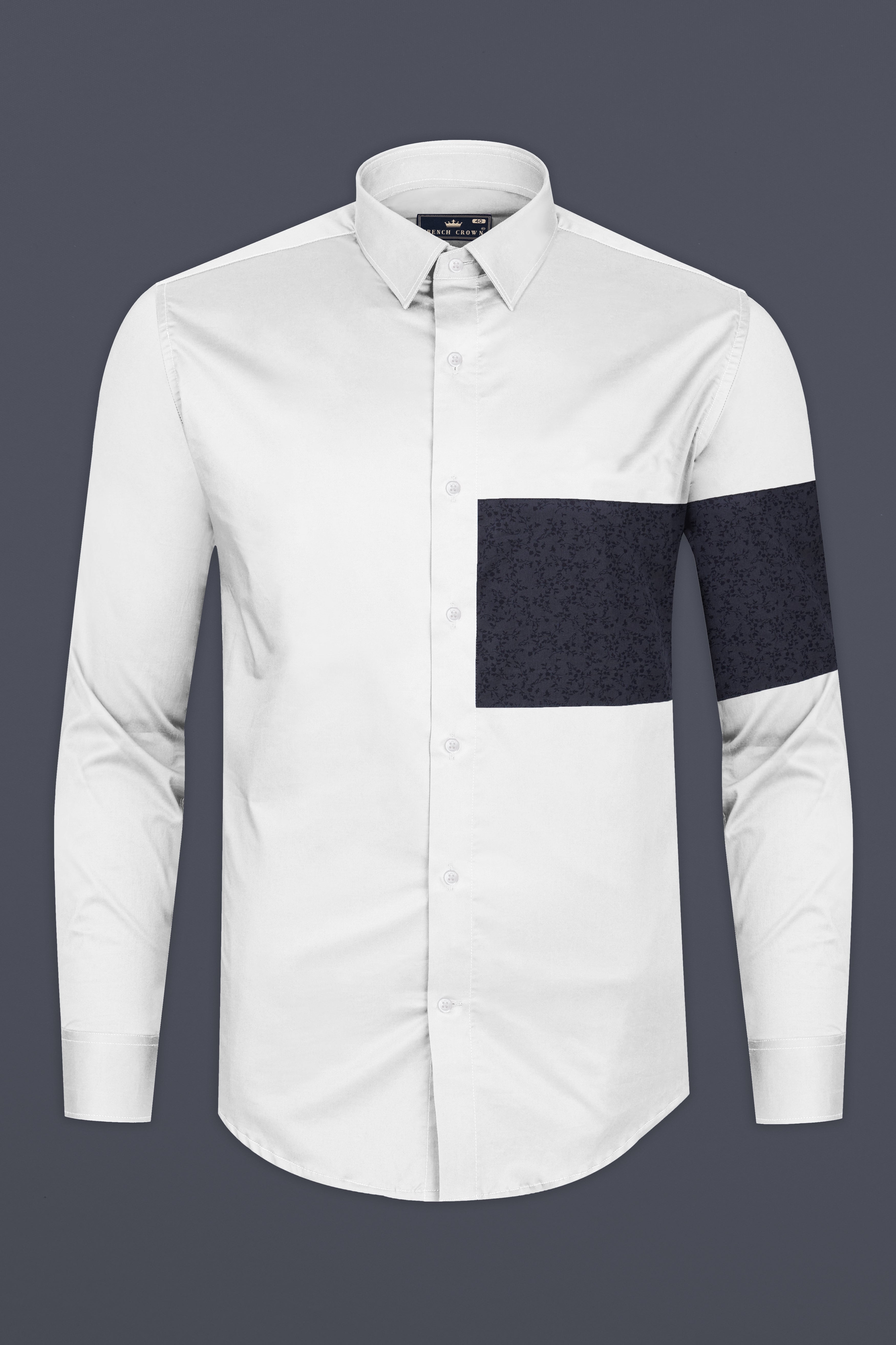 Bright White with Rangoon Blue Patch Work Premium Cotton Designer Shirt