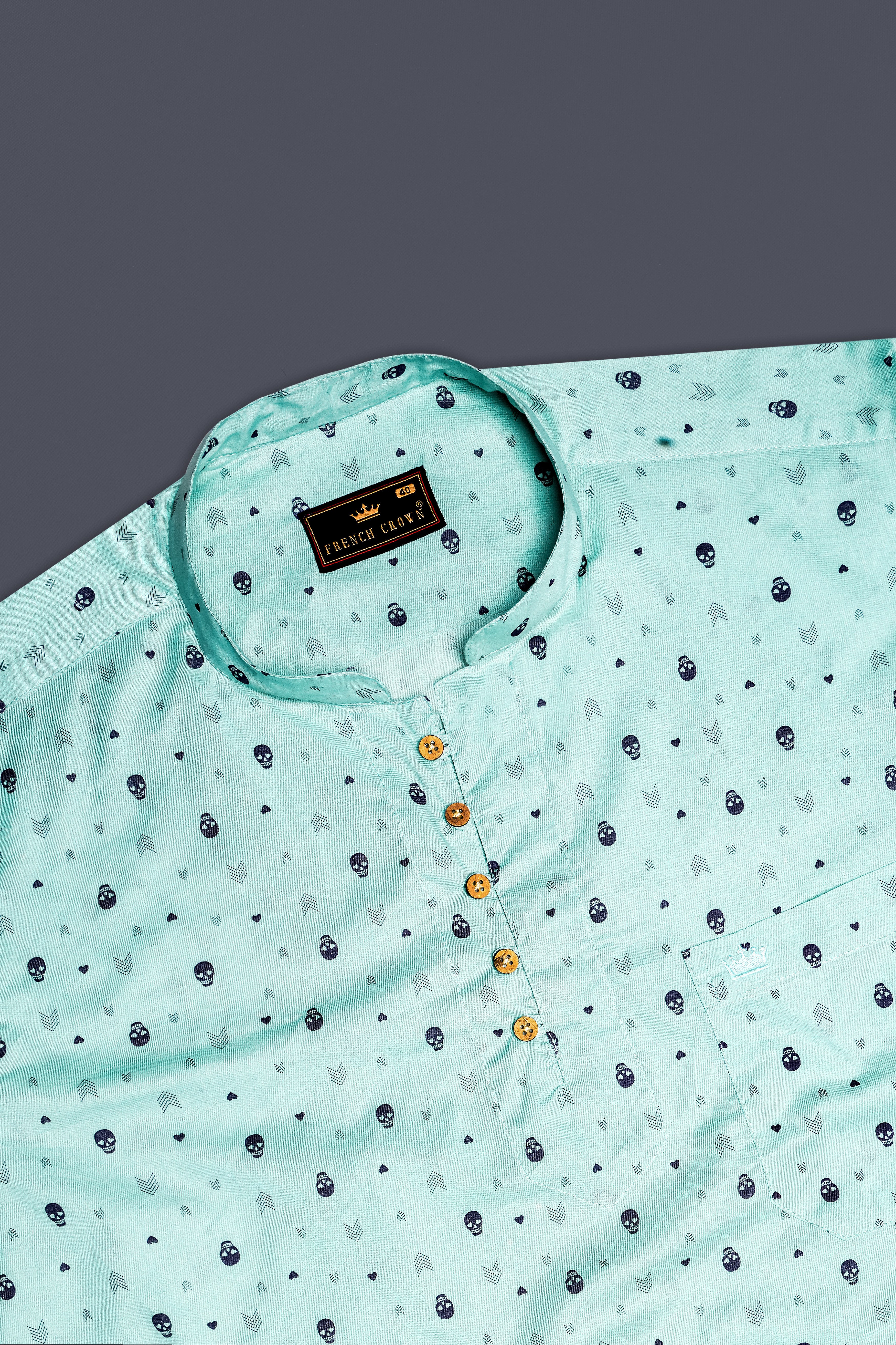 Sea Mist Green Skull and Arrow Printed Premium Cotton Kurta Shirt