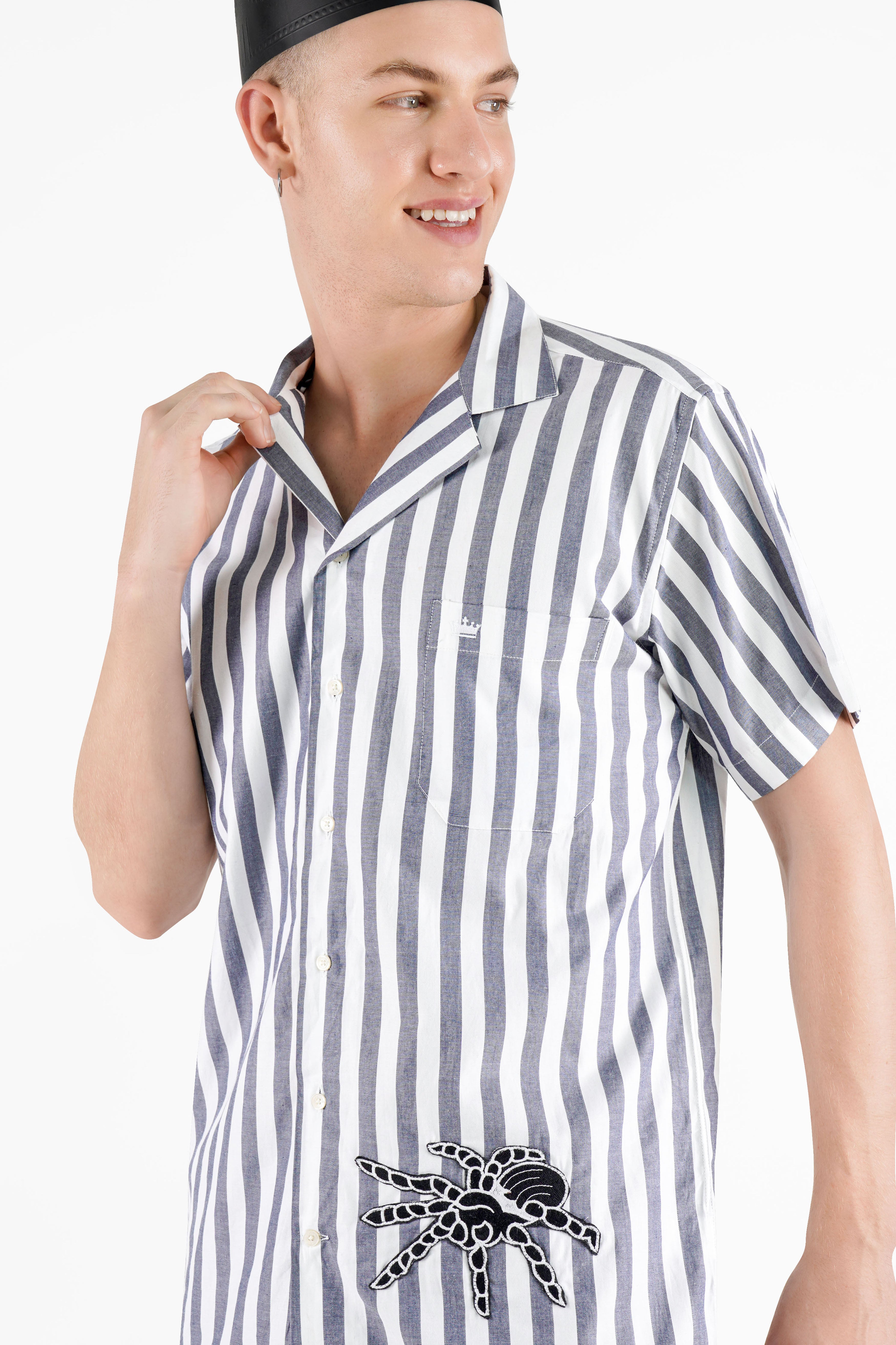 Bright White and Paynes Gray Striped with Spider Embroidered Patch Work Premium Cotton Designer Shirt