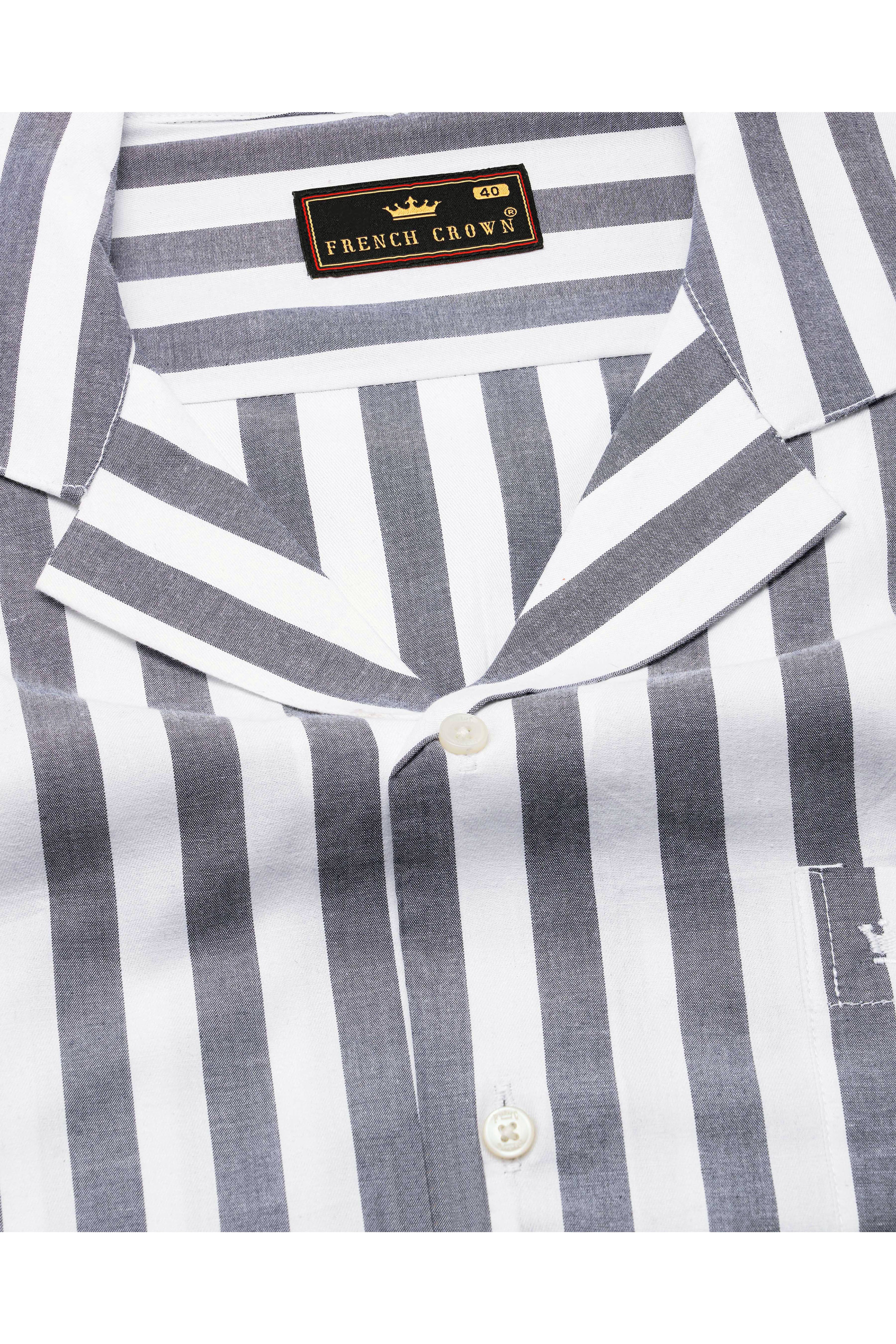 Bright White and Paynes Gray Striped with Spider Embroidered Patch Work Premium Cotton Designer Shirt