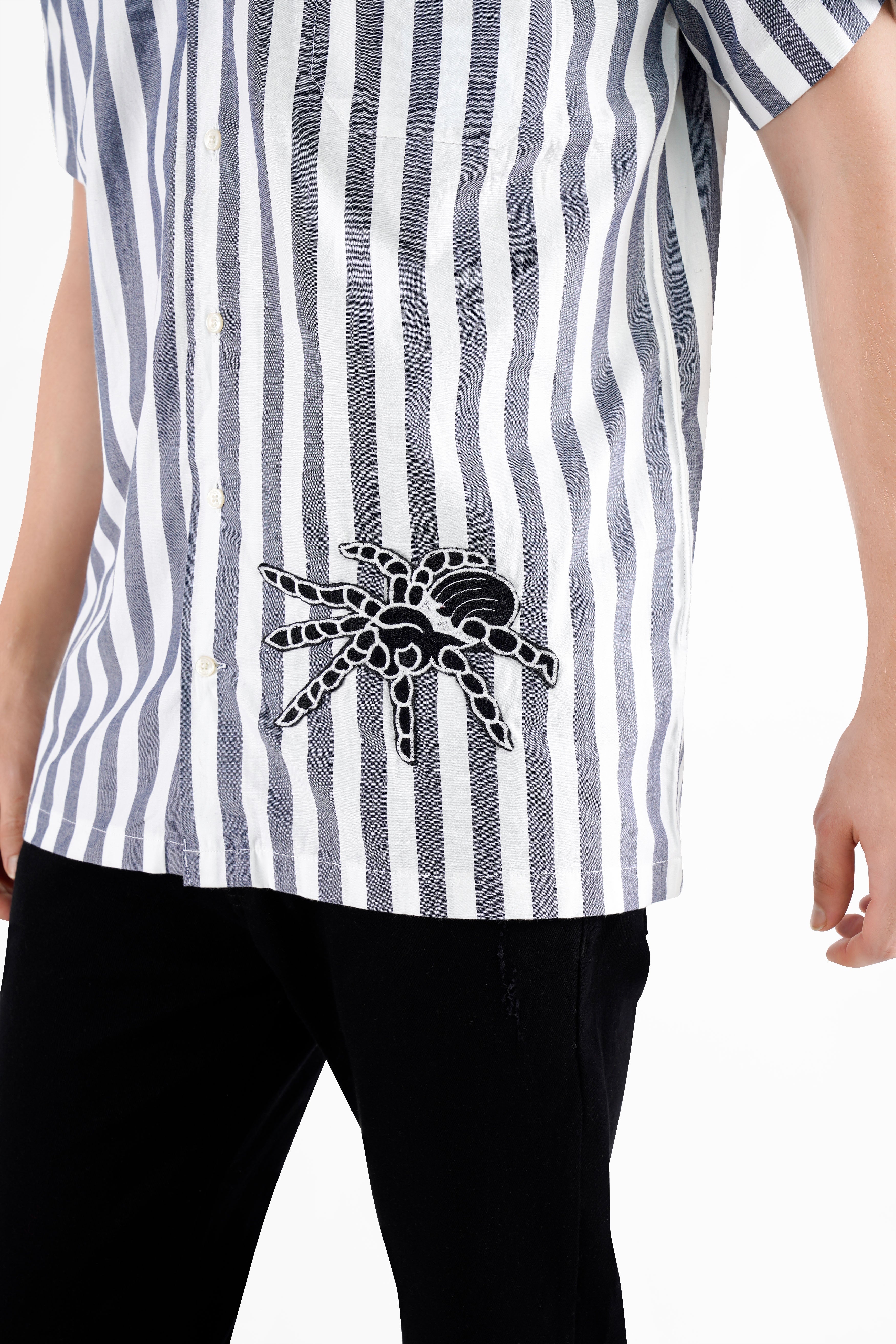 Bright White and Paynes Gray Striped with Spider Embroidered Patch Work Premium Cotton Designer Shirt
