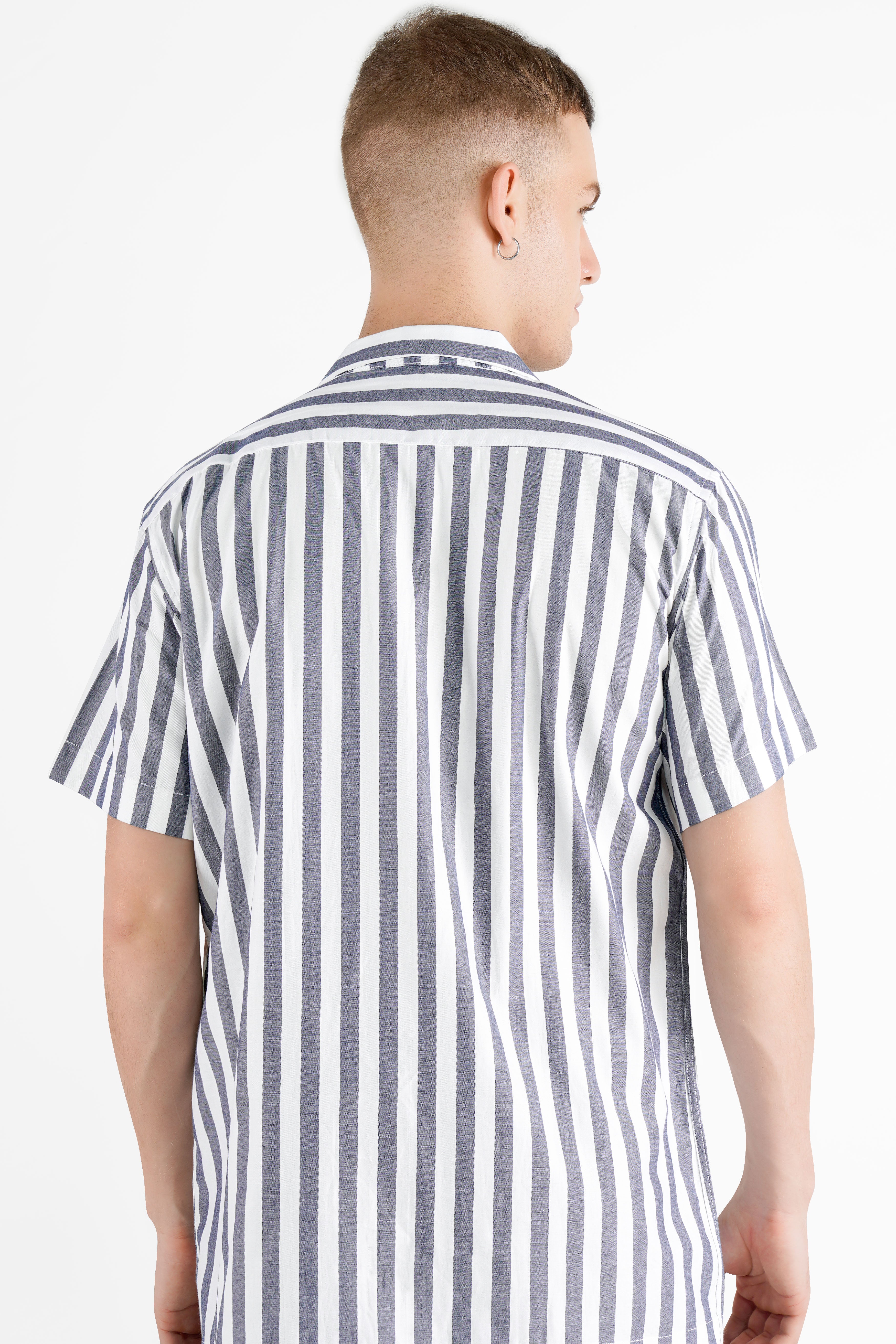 Bright White and Paynes Gray Striped with Spider Embroidered Patch Work Premium Cotton Designer Shirt