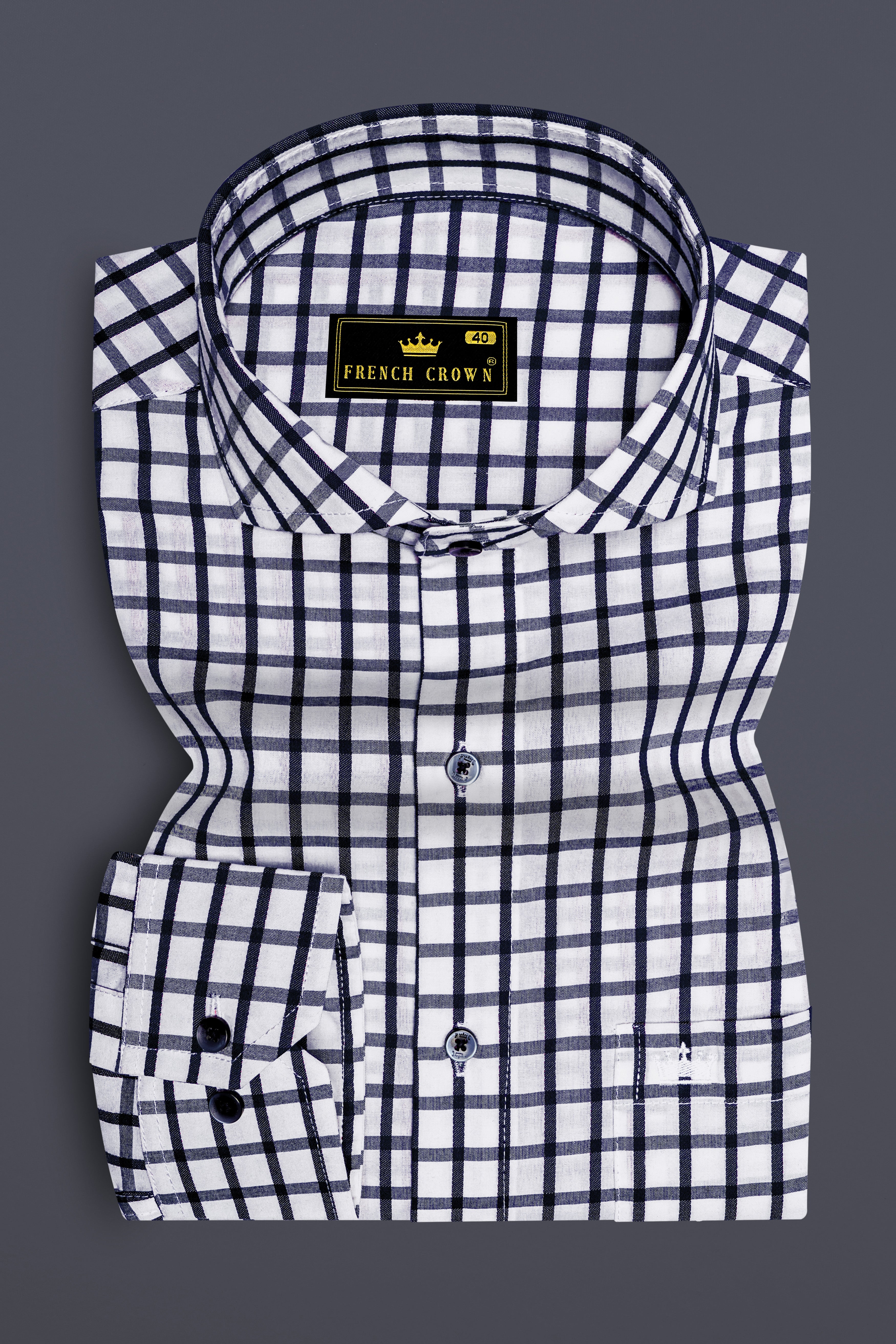 Bright White and Ebony Clay Blue Gingham Dobby Textured Premium Giza Cotton Shirt