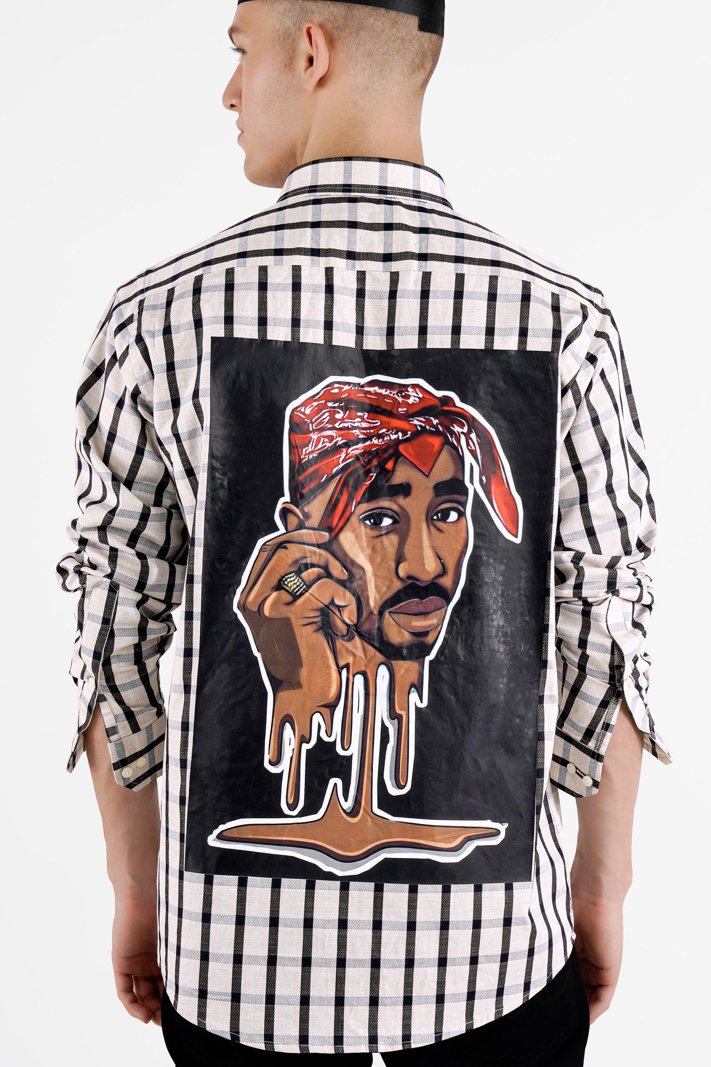 Seashell Beige with Mirage Black Checkered Funky Printed Dobby Premium Giza Cotton Shirt