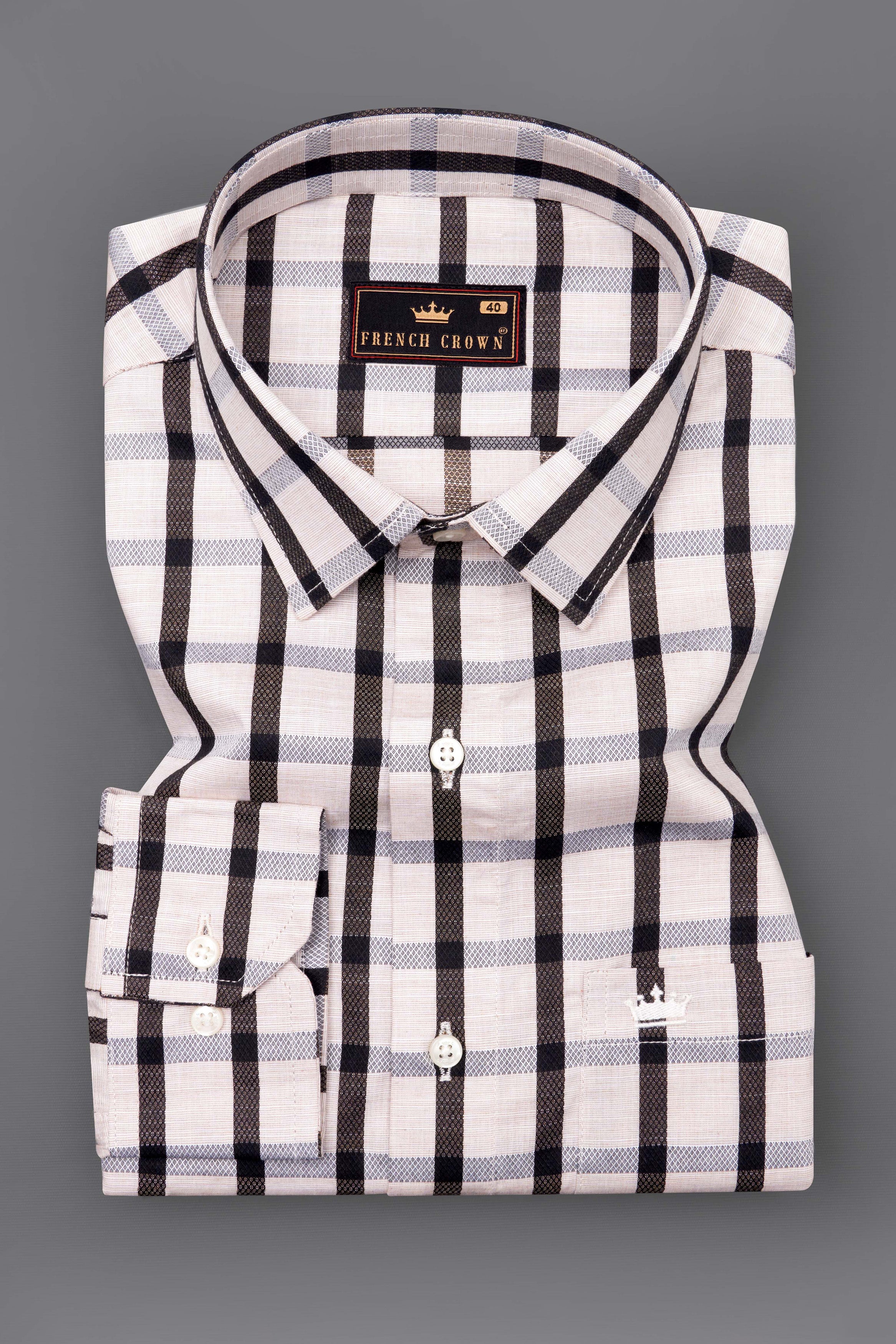 Seashell Beige with Mirage Black Checkered Funky Printed Dobby Premium Giza Cotton Shirt