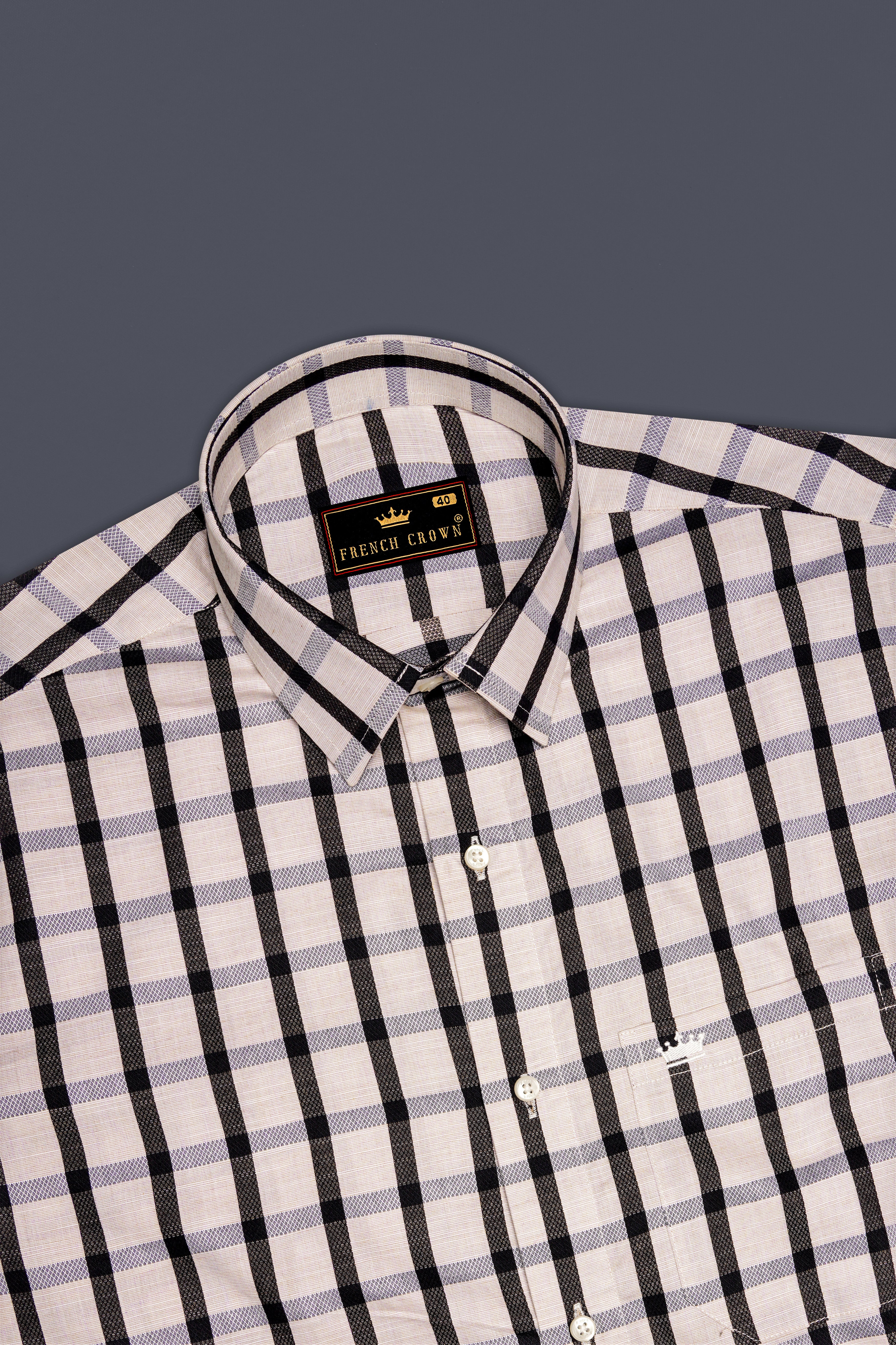 Sea Shell Off White and Jade Black Checkered Dobby Textured Premium Giza Cotton Shirt