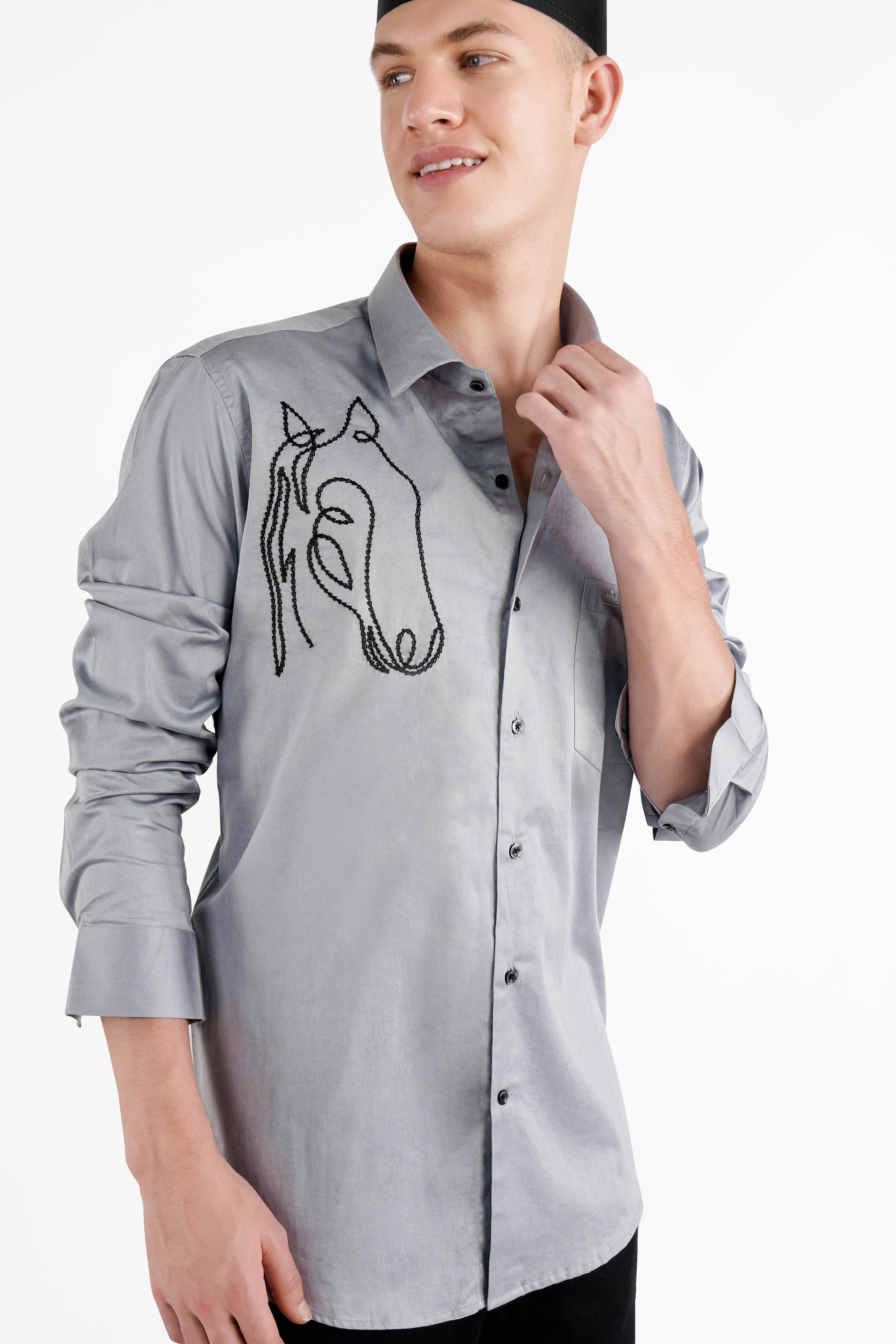 Metallic Gray Embroidered Royal Oxford Designer Shirt