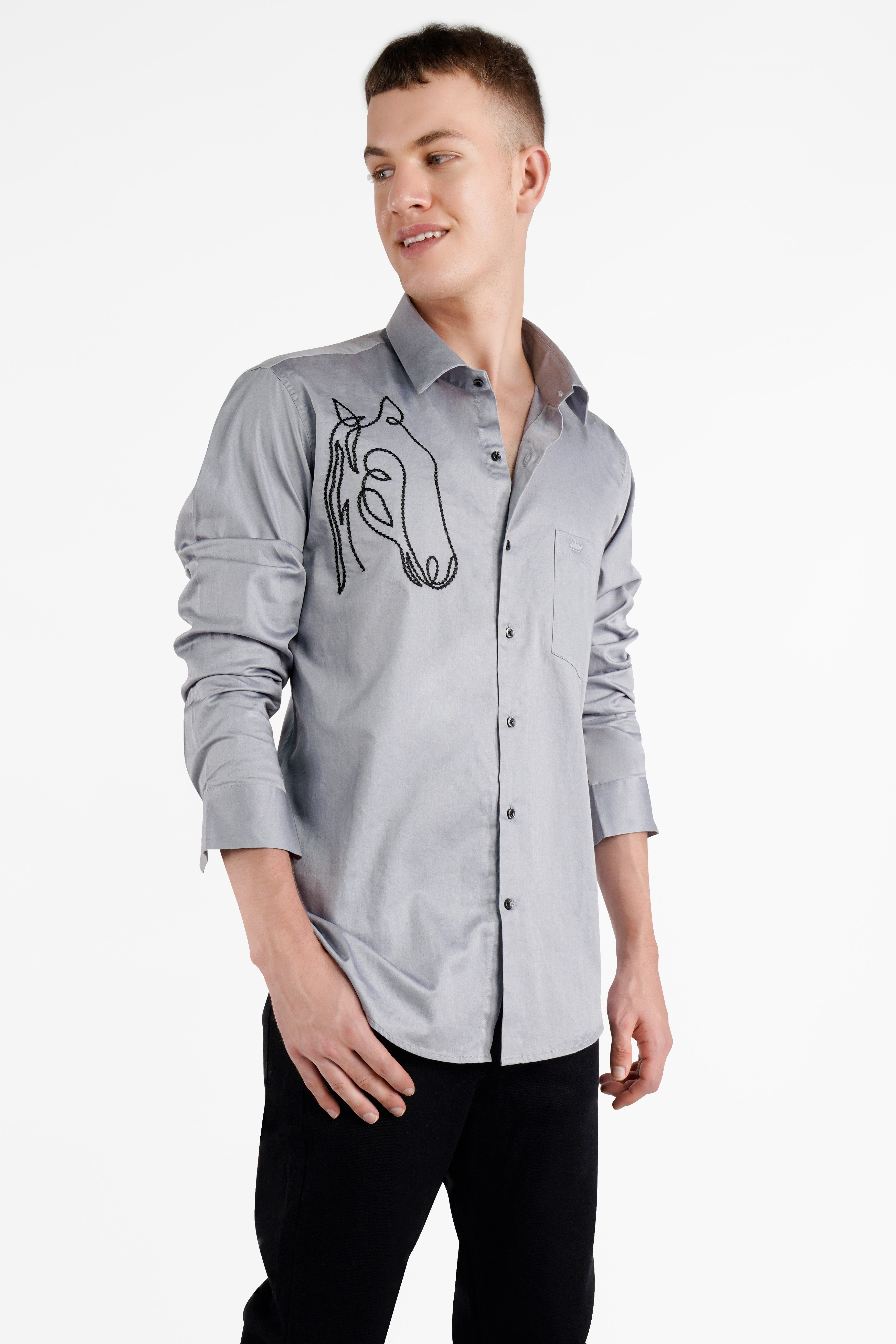 Metallic Gray Embroidered Royal Oxford Designer Shirt