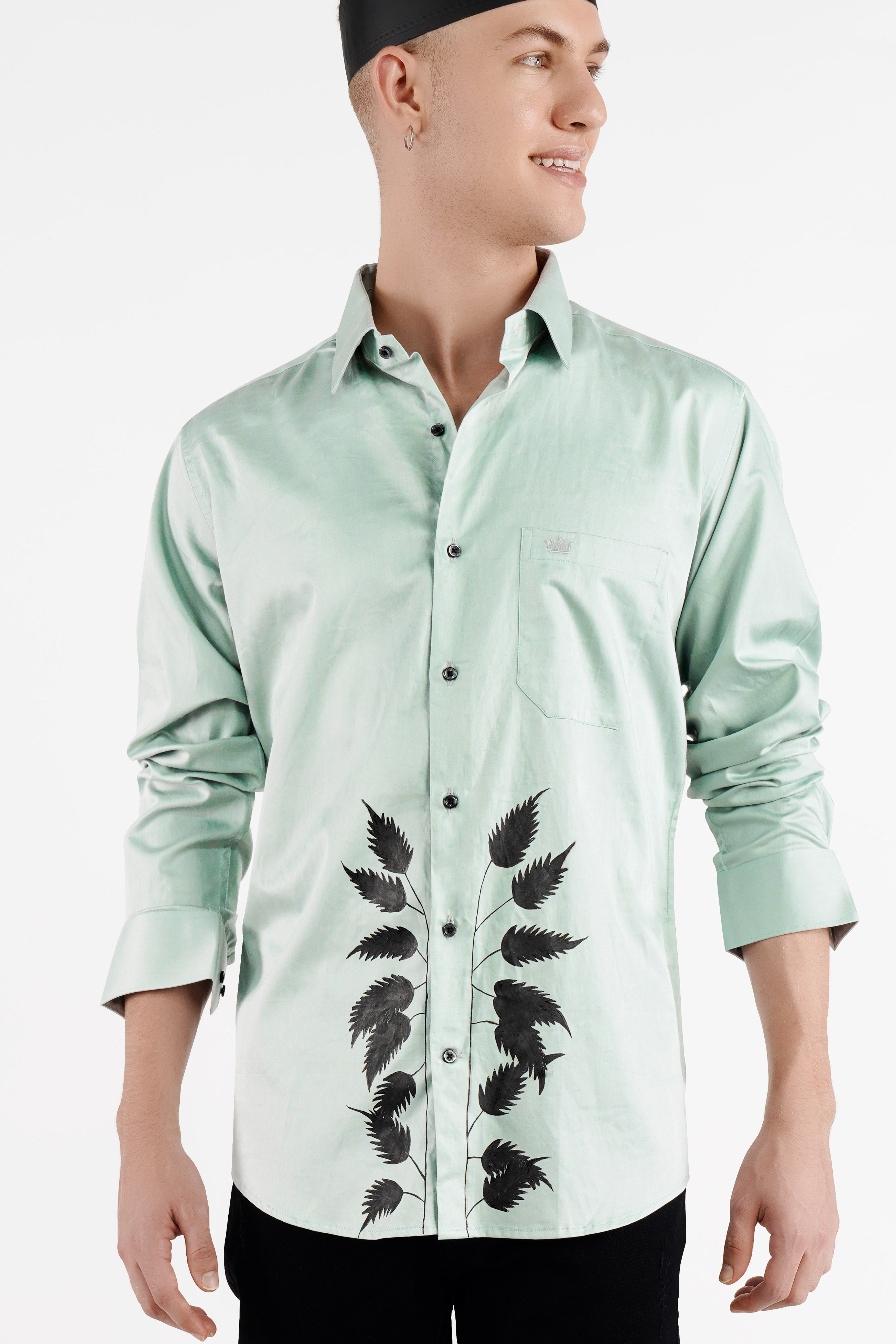 Gainsboro Green Leaves Hand Painted Super Soft Premium Cotton Designer Shirt