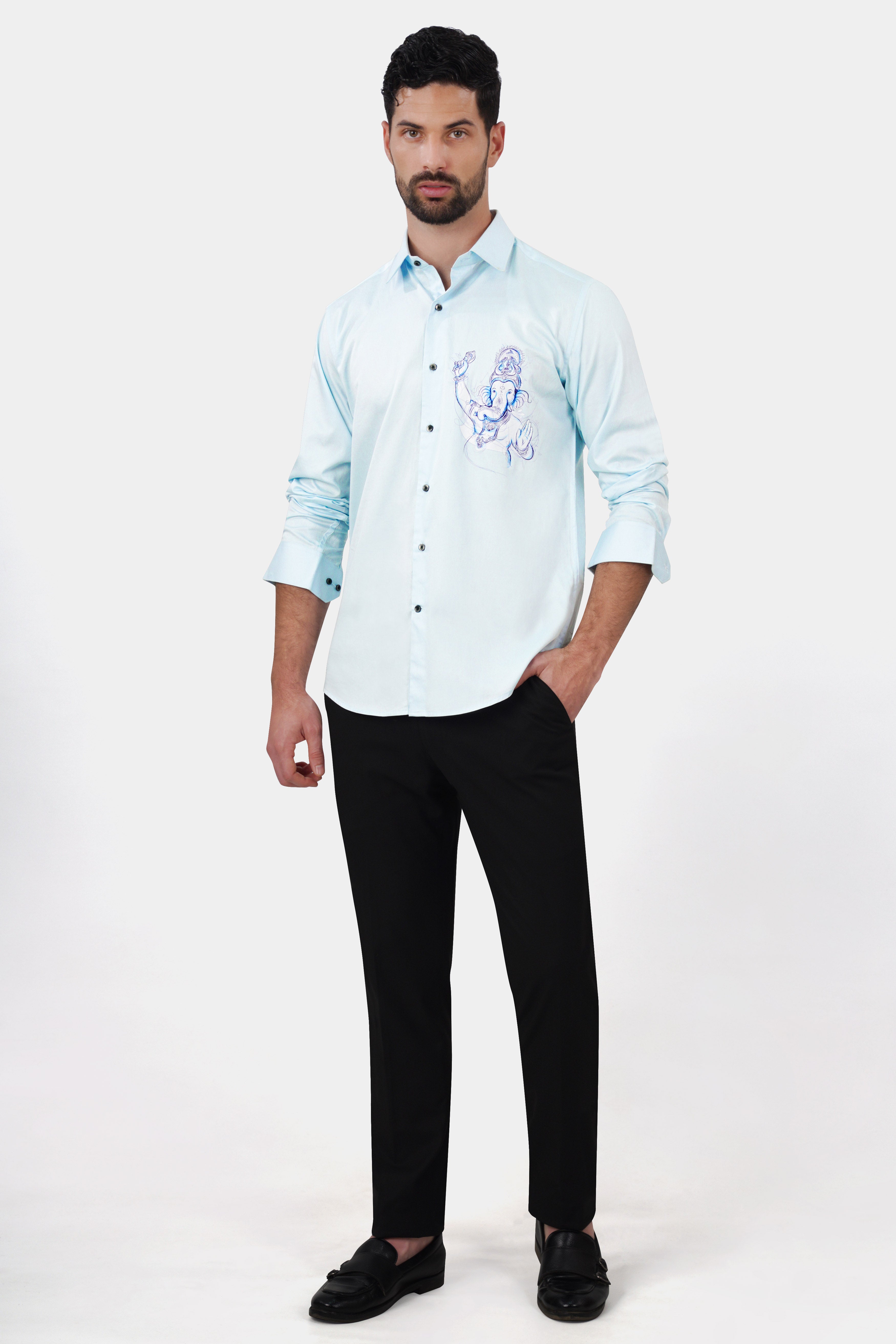 Blizzard Blue Lord Ganesha Printed Subtle Sheen Super Soft Premium Cotton Designer Shirt 8883-BLK-RPRT079-38, 8883-BLK-RPRT079-H-38, 8883-BLK-RPRT079-39, 8883-BLK-RPRT079-H-39, 8883-BLK-RPRT079-40, 8883-BLK-RPRT079-H-40, 8883-BLK-RPRT079-42, 8883-BLK-RPRT079-H-42, 8883-BLK-RPRT079-44, 8883-BLK-RPRT079-H-44, 8883-BLK-RPRT079-46, 8883-BLK-RPRT079-H-46, 8883-BLK-RPRT079-48, 8883-BLK-RPRT079-H-48, 8883-BLK-RPRT079-50, 8883-BLK-RPRT079-H-50, 8883-BLK-RPRT079-52, 8883-BLK-RPRT079-H-52