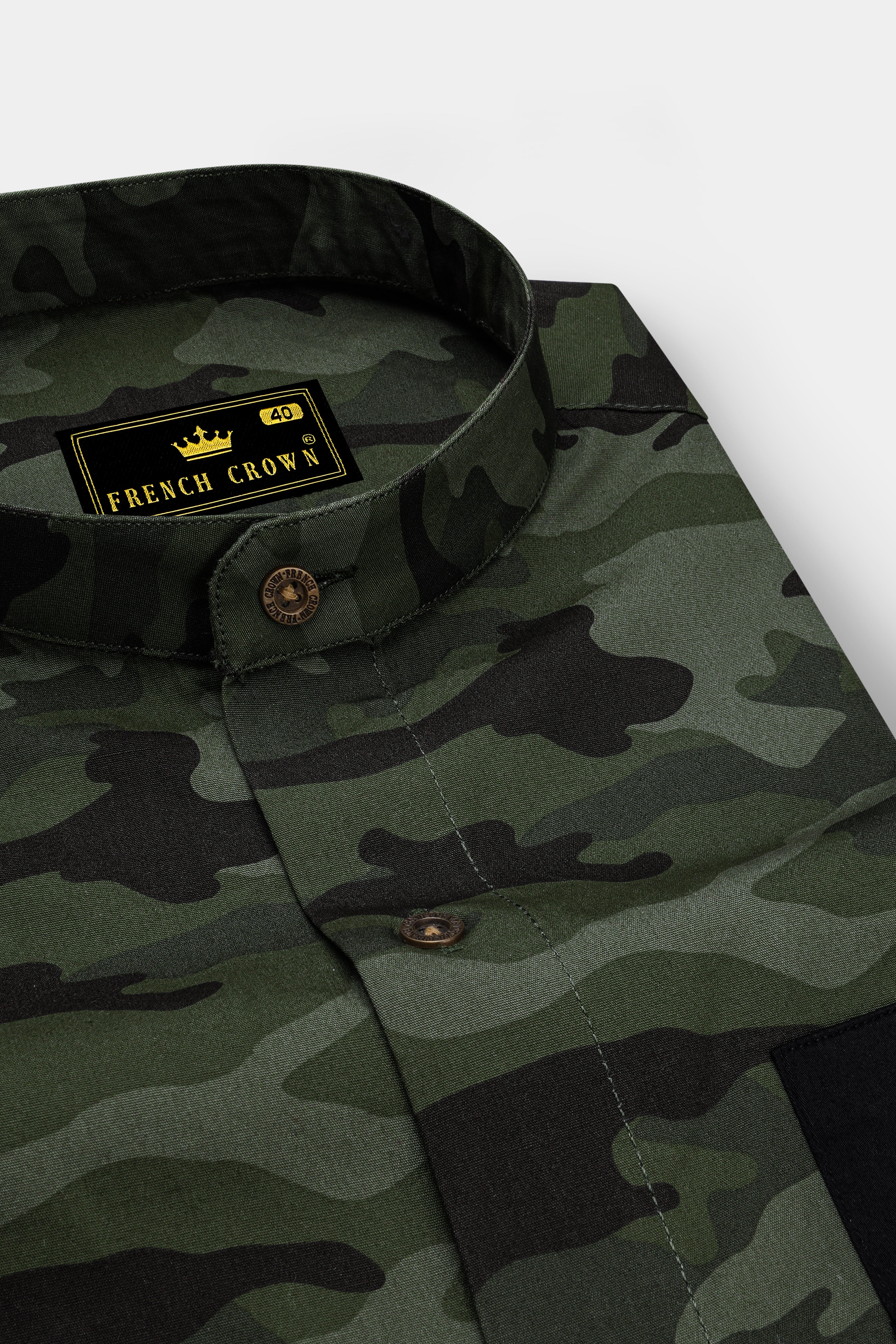 Finch Green with Zeus Brown Camouflage Printed Royal Oxford Designer Shirt