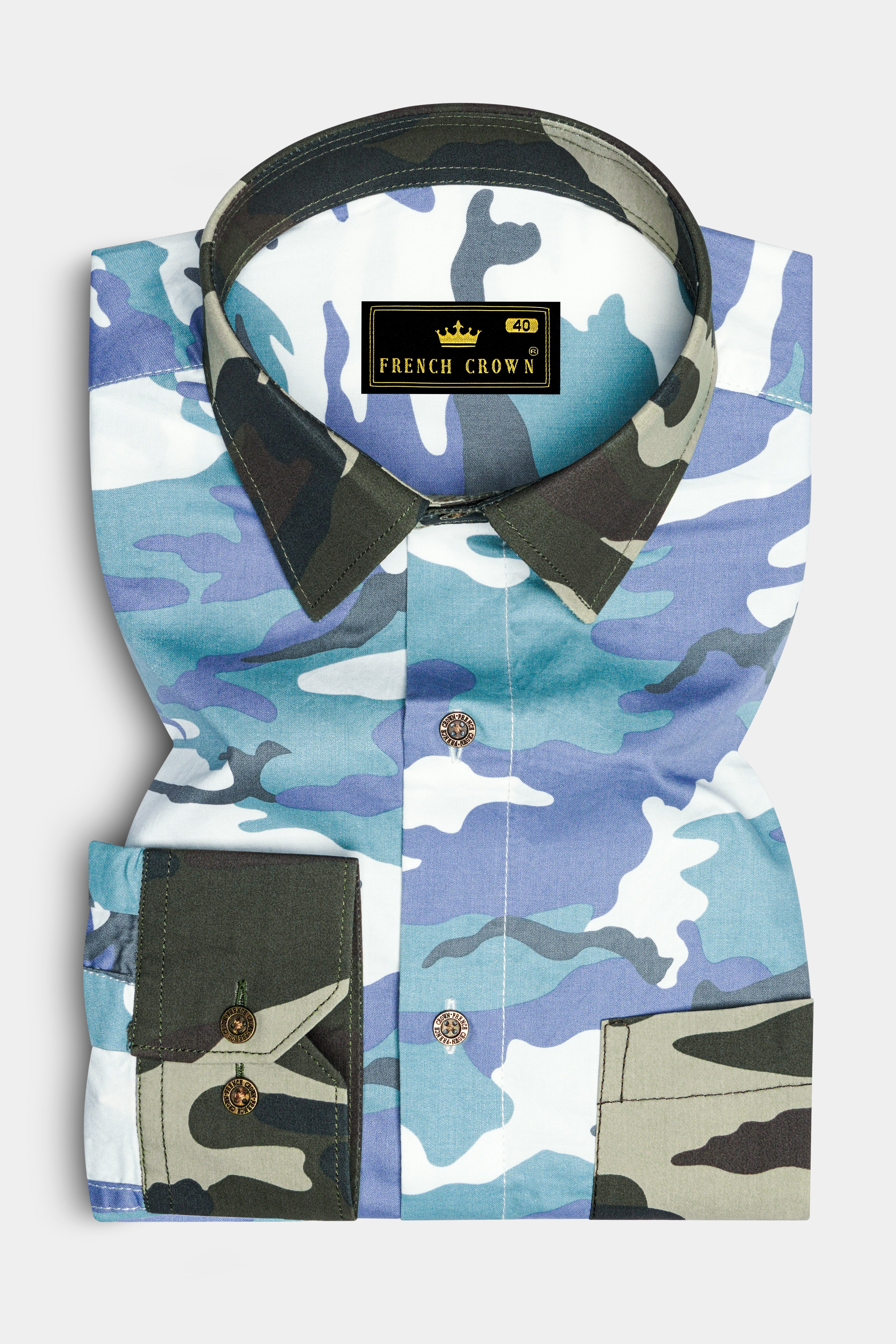 Comet Blue With Multicoloured Camouflage Printed Royal Oxford Designer Shirt