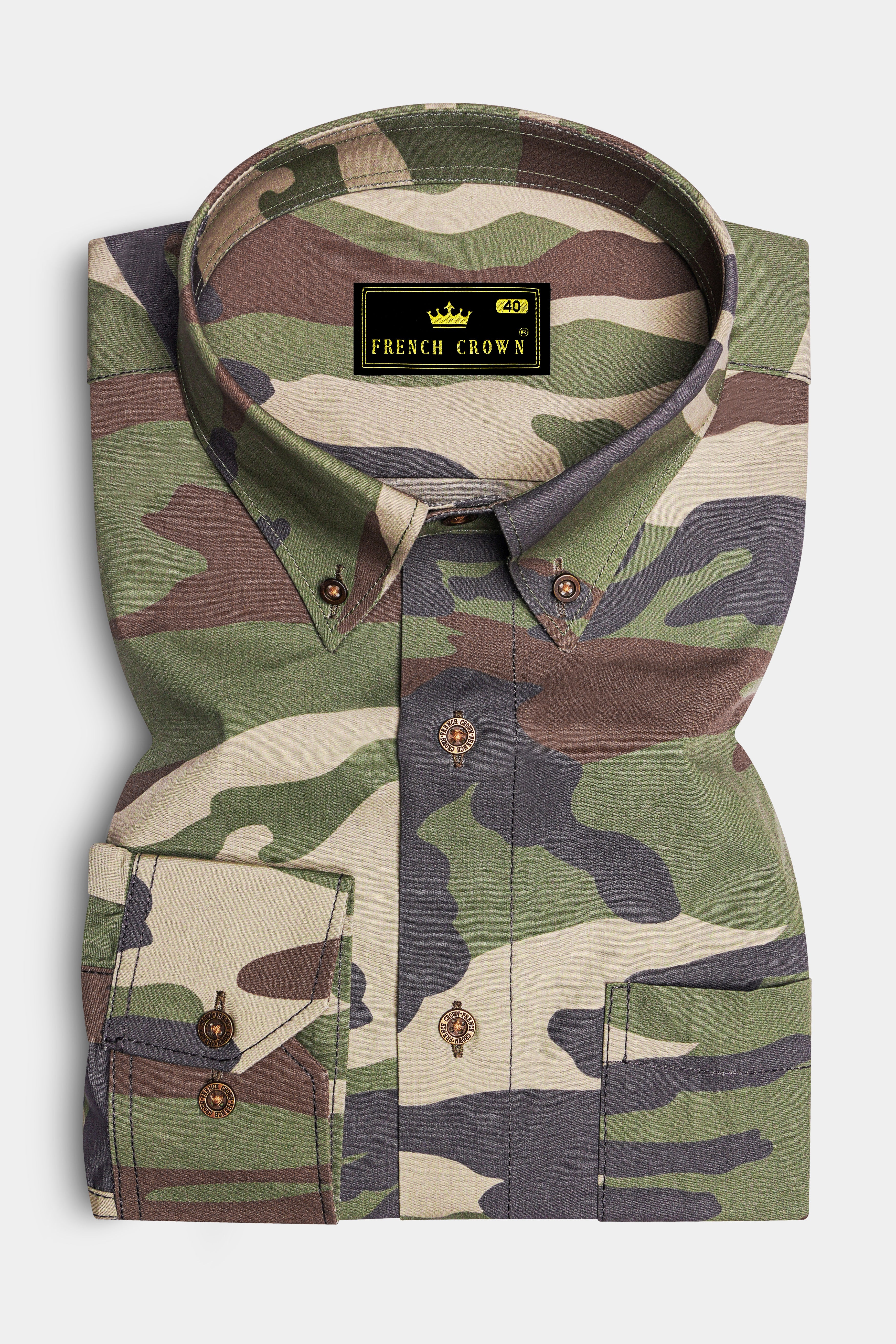 Siam Green with Wenge Brown Camouflage Printed Royal Oxford Shirt