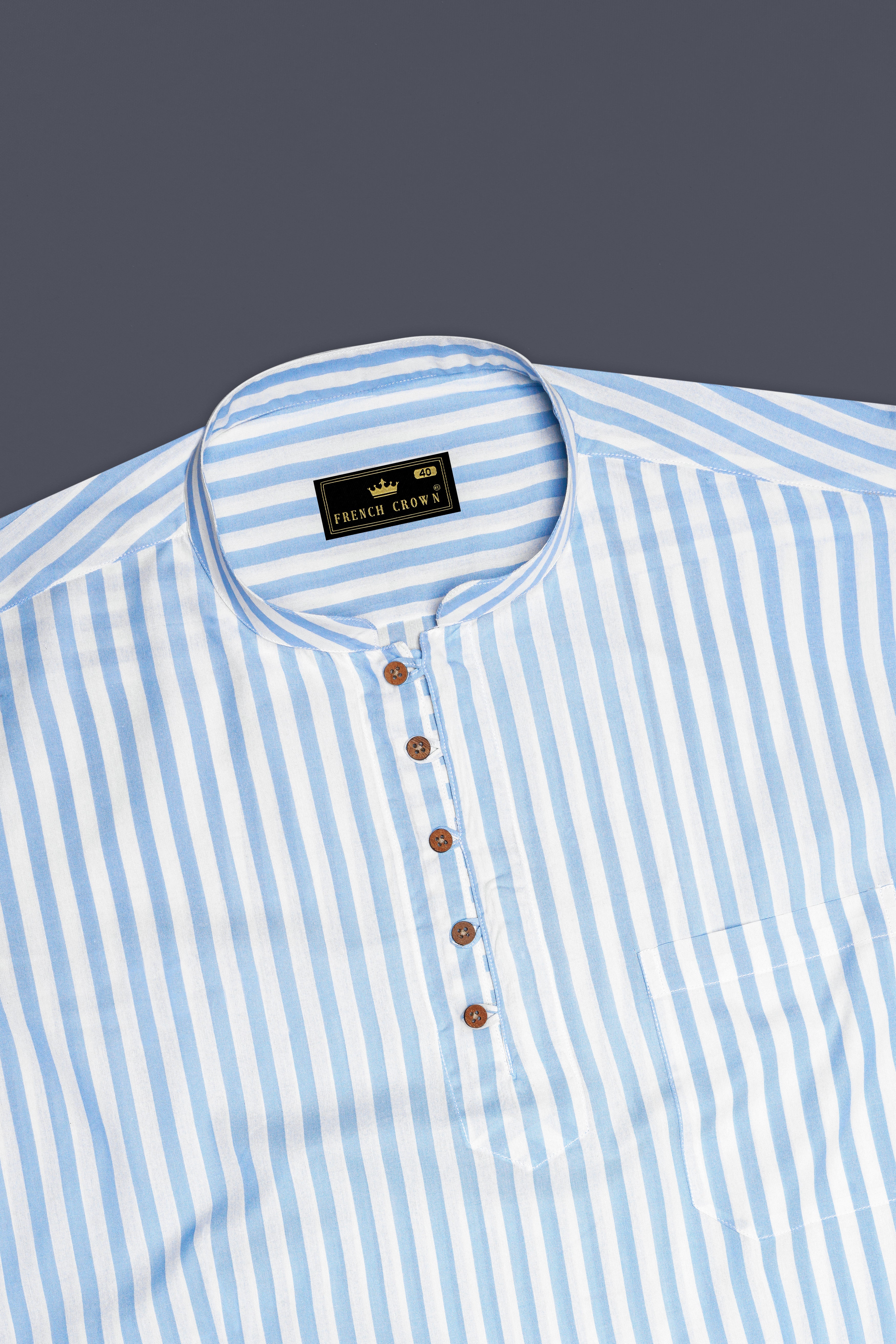Glacier Blue and White Striped Premium Cotton Kurta Shirt