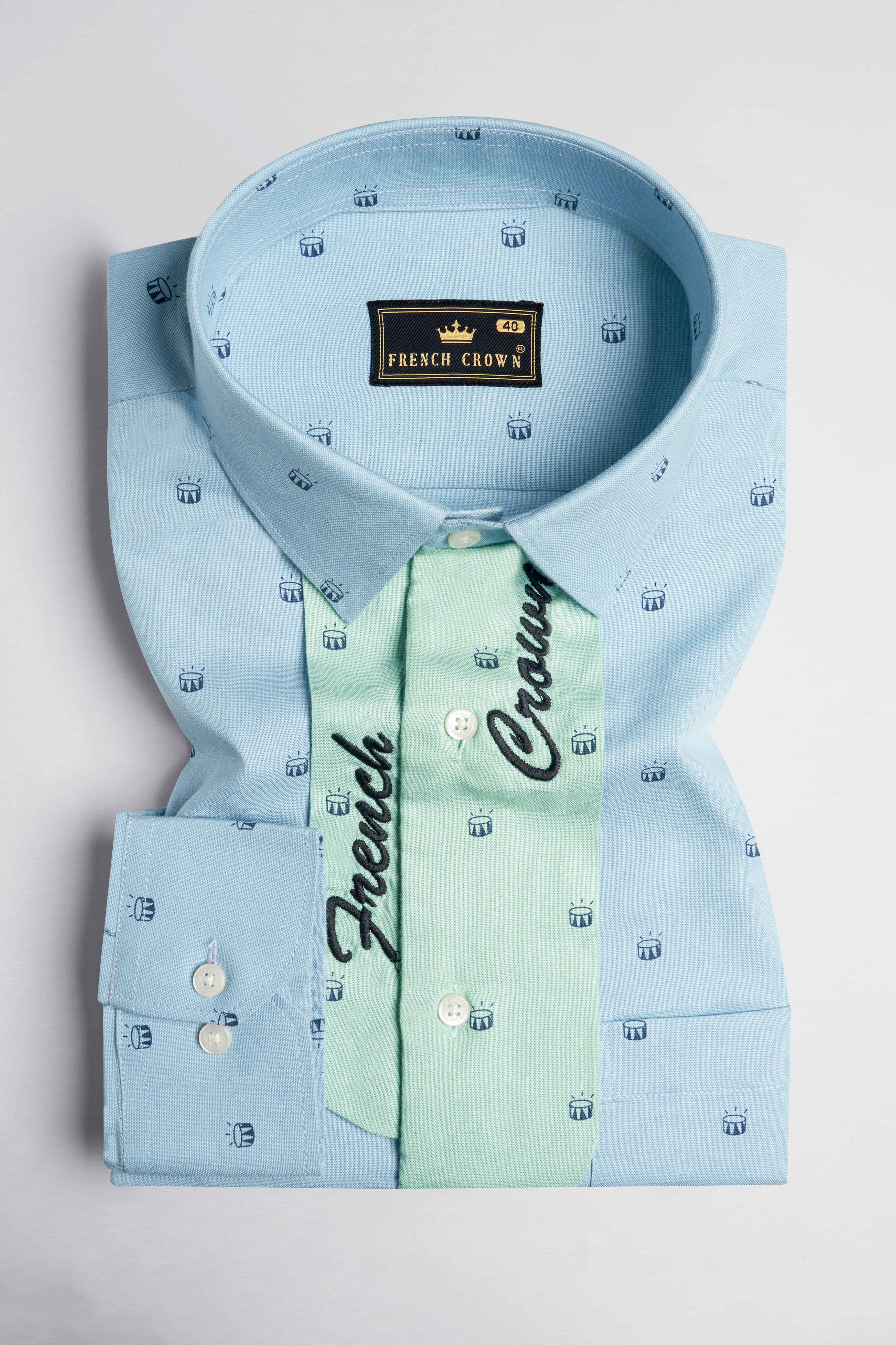 Carolina Blue with Downy Green French Crown Embroidered Patchwork Royal Oxford Designer Shirt