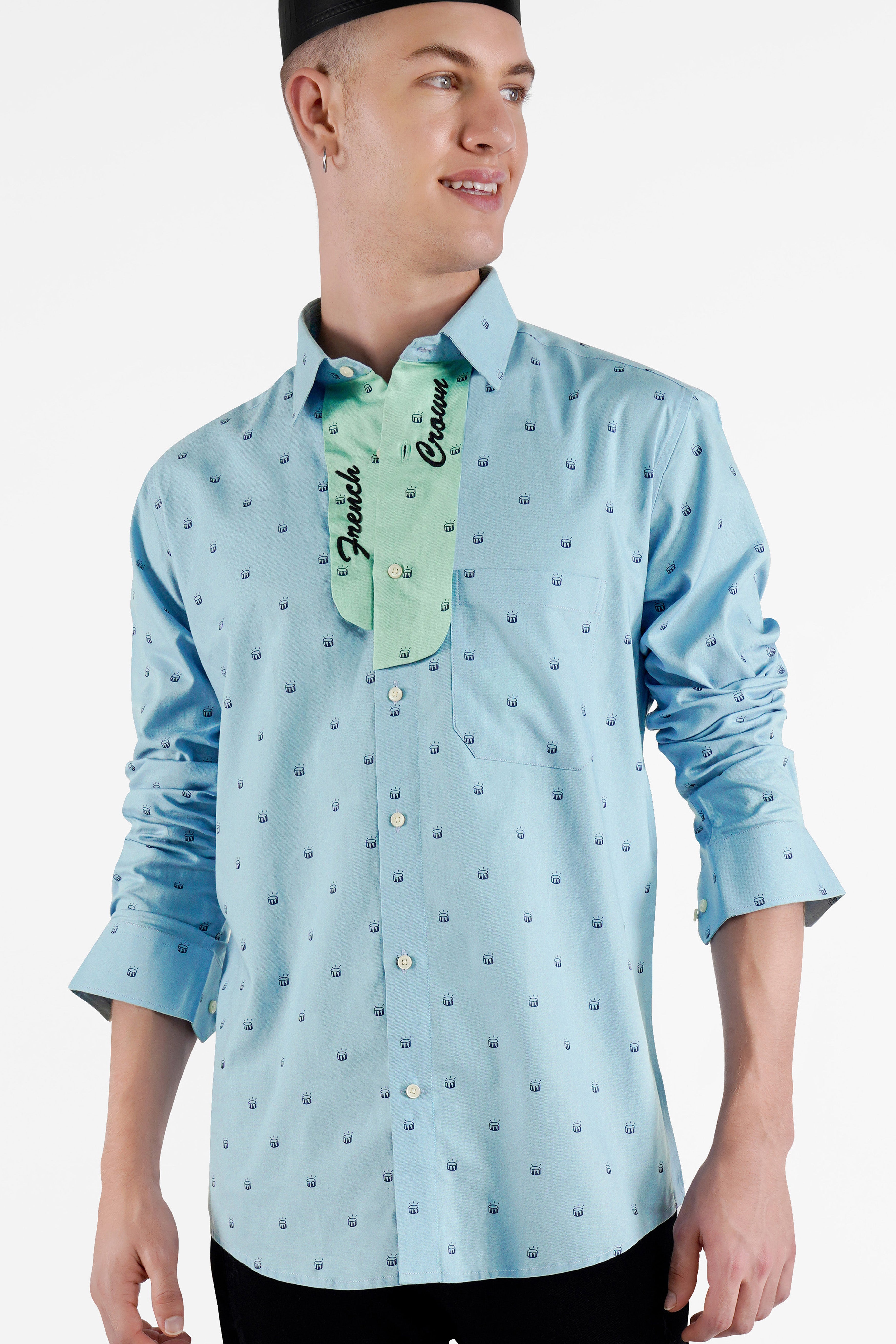 Carolina Blue with Downy Green French Crown Embroidered Patchwork Royal Oxford Designer Shirt