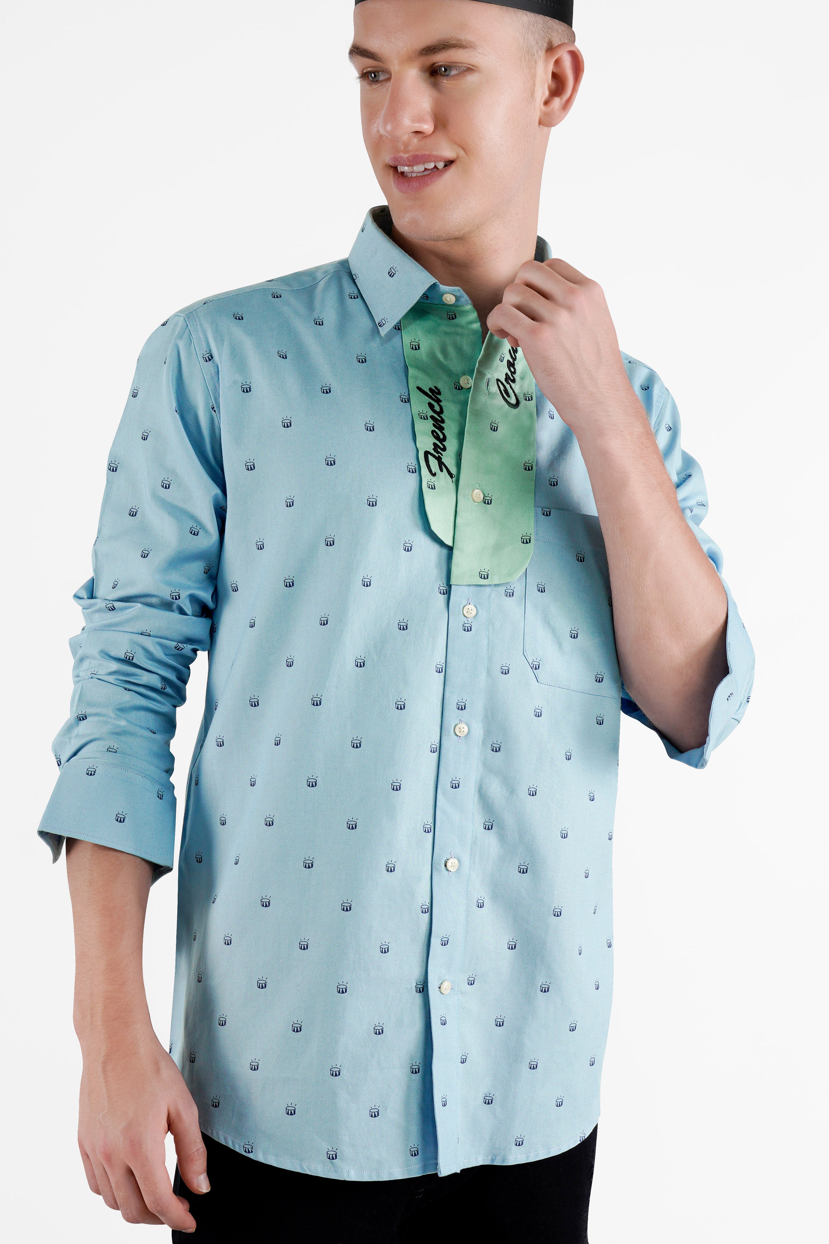 Carolina Blue with Downy Green French Crown Embroidered Patchwork Royal Oxford Designer Shirt