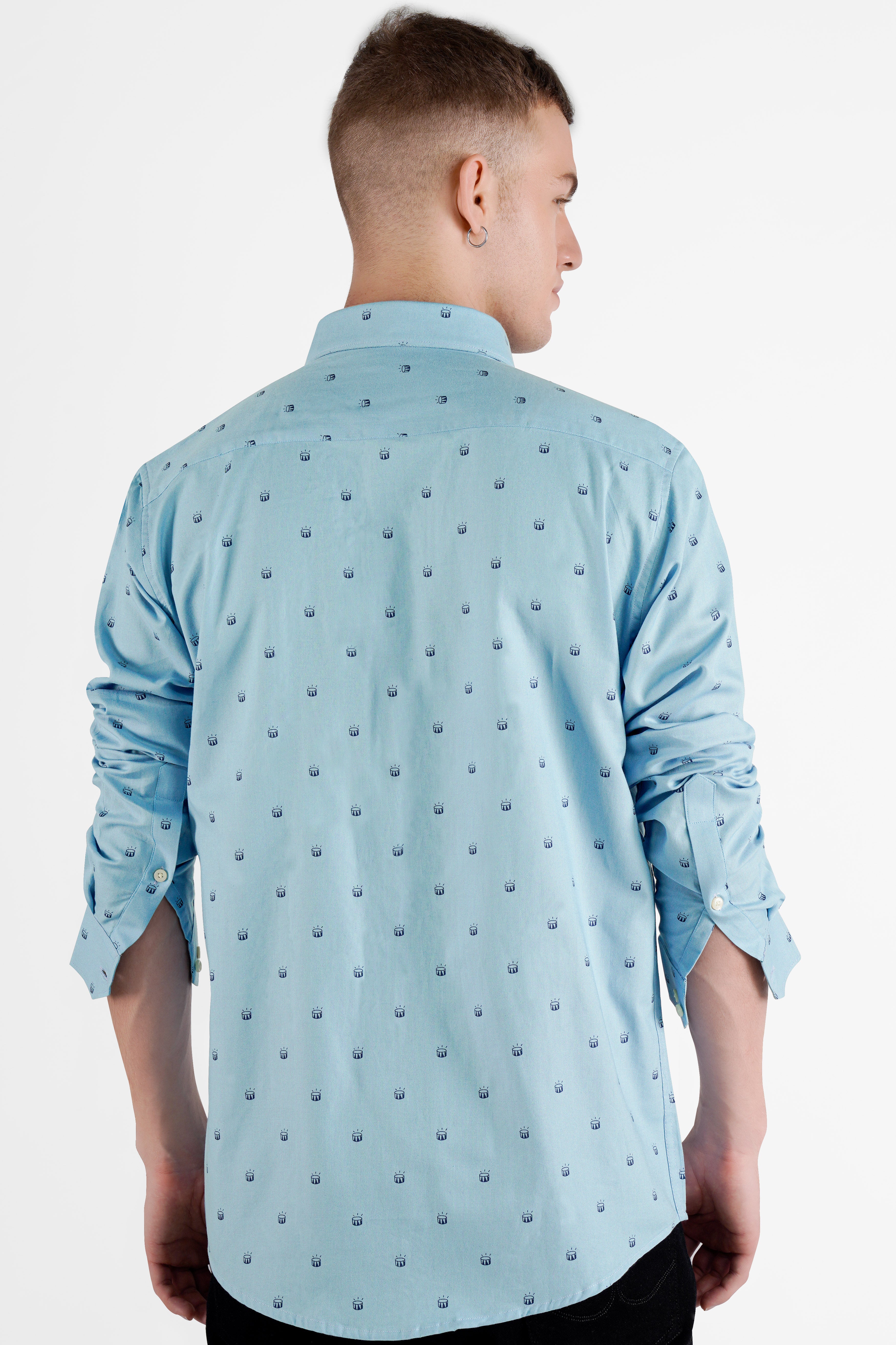 Carolina Blue with Downy Green French Crown Embroidered Patchwork Royal Oxford Designer Shirt