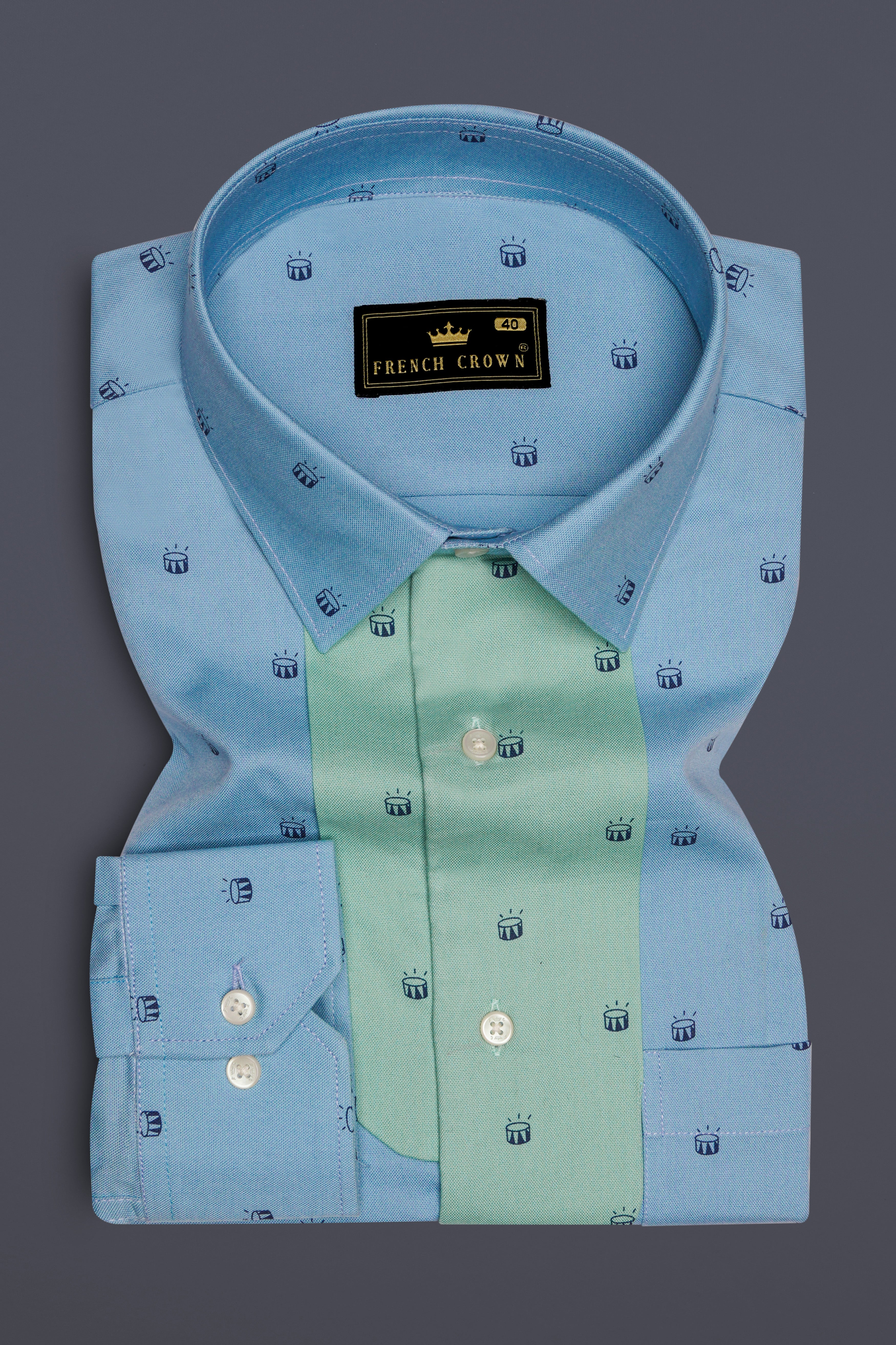 Stream Blue Drums Printed with Green Patches Royal Oxford Designer Overshirt