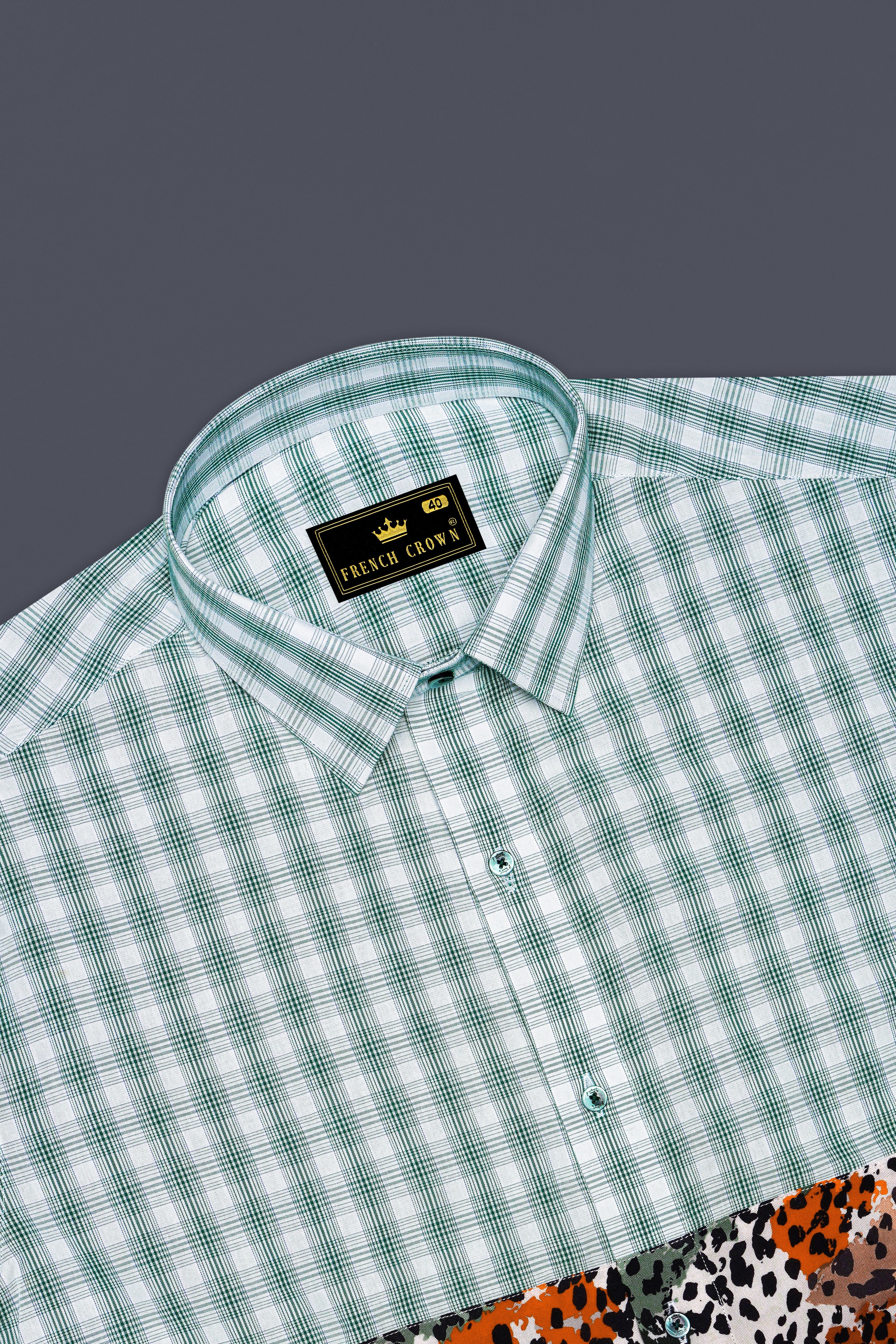 Plantation Green with White Checkered and Tiger Striped Premium Cotton Designer Shirt