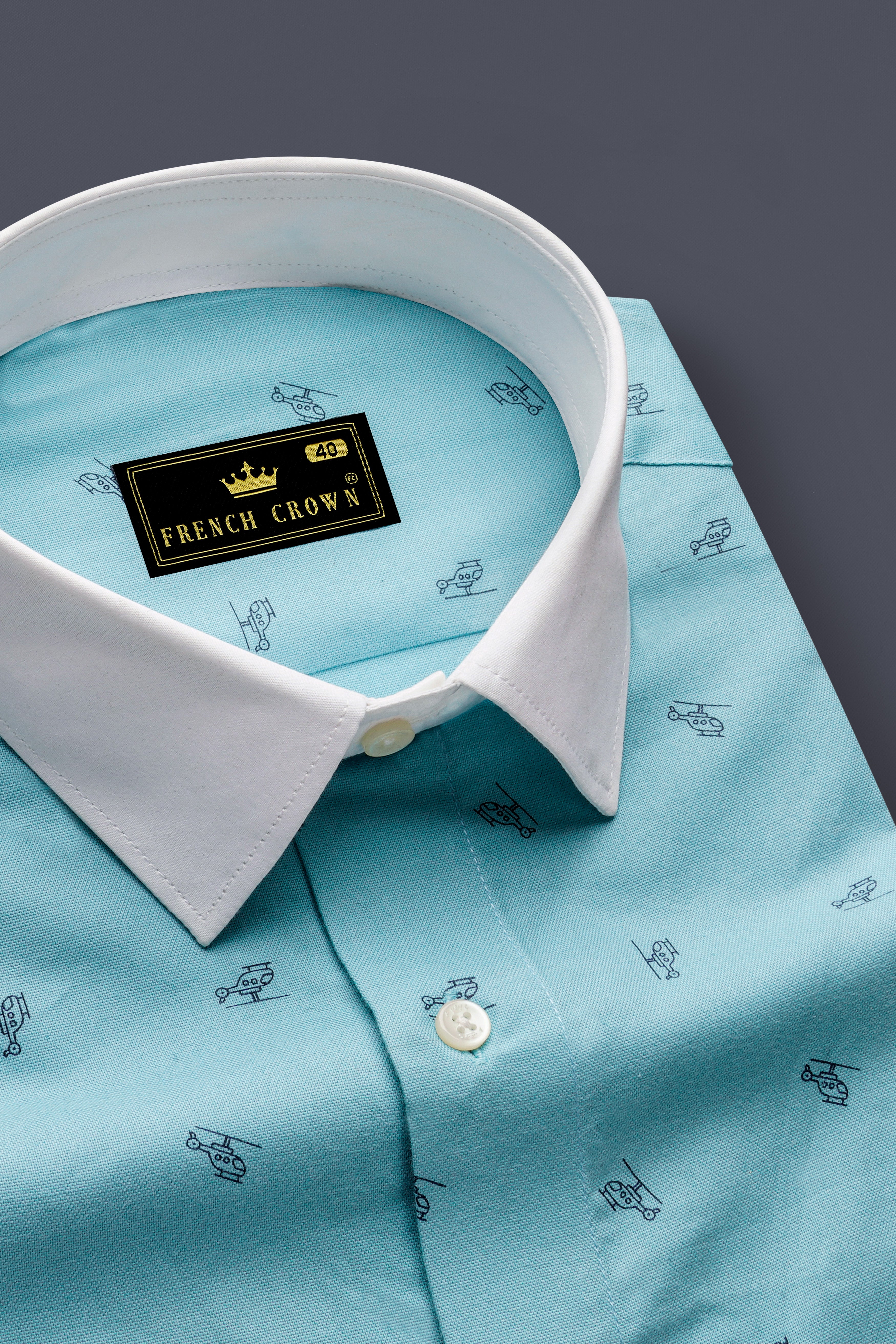 Opaque Aqua Blue Helicopter Printed Royal Oxford Shirt