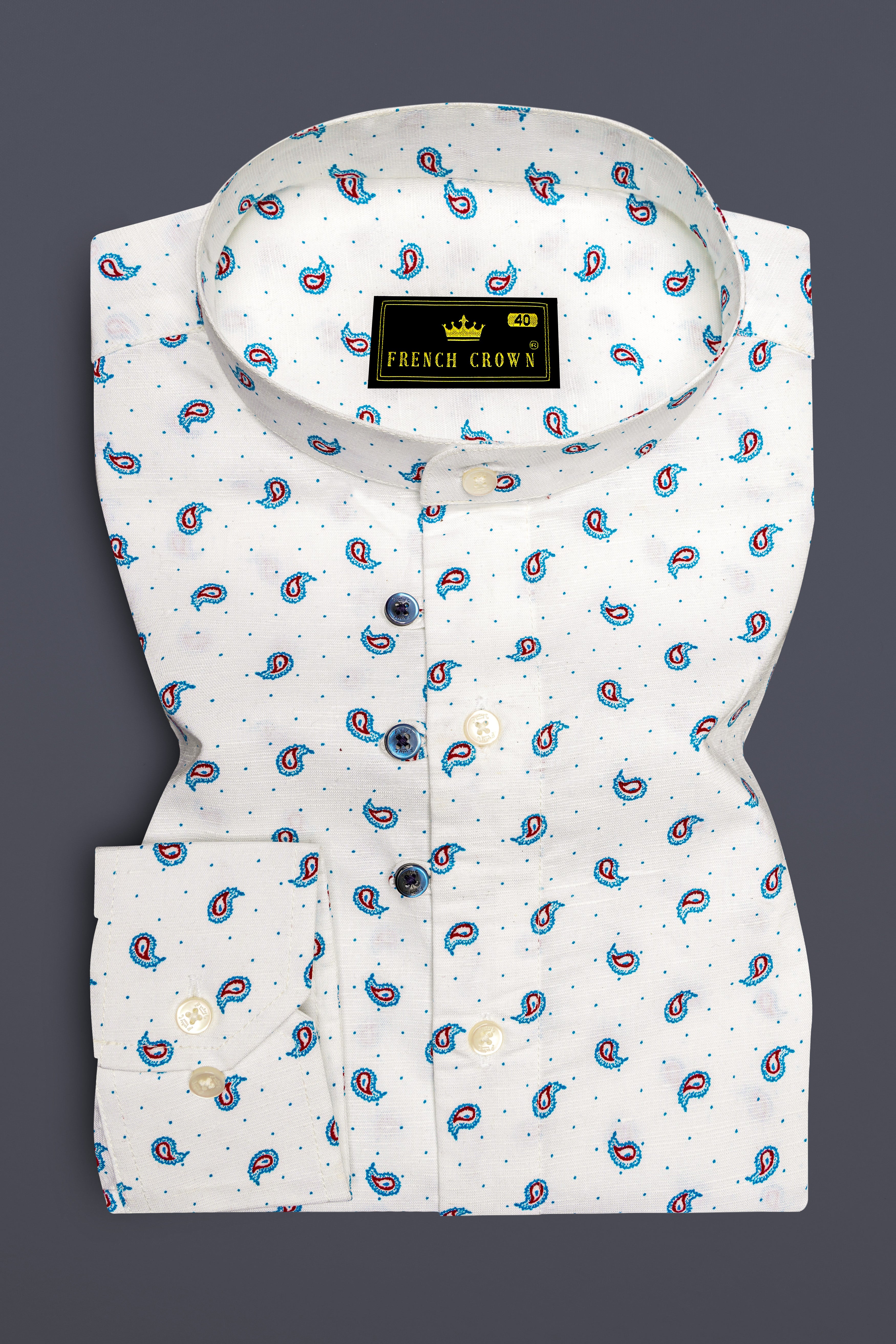 Bright White with Paisley Textured Luxurious Linen Shirt