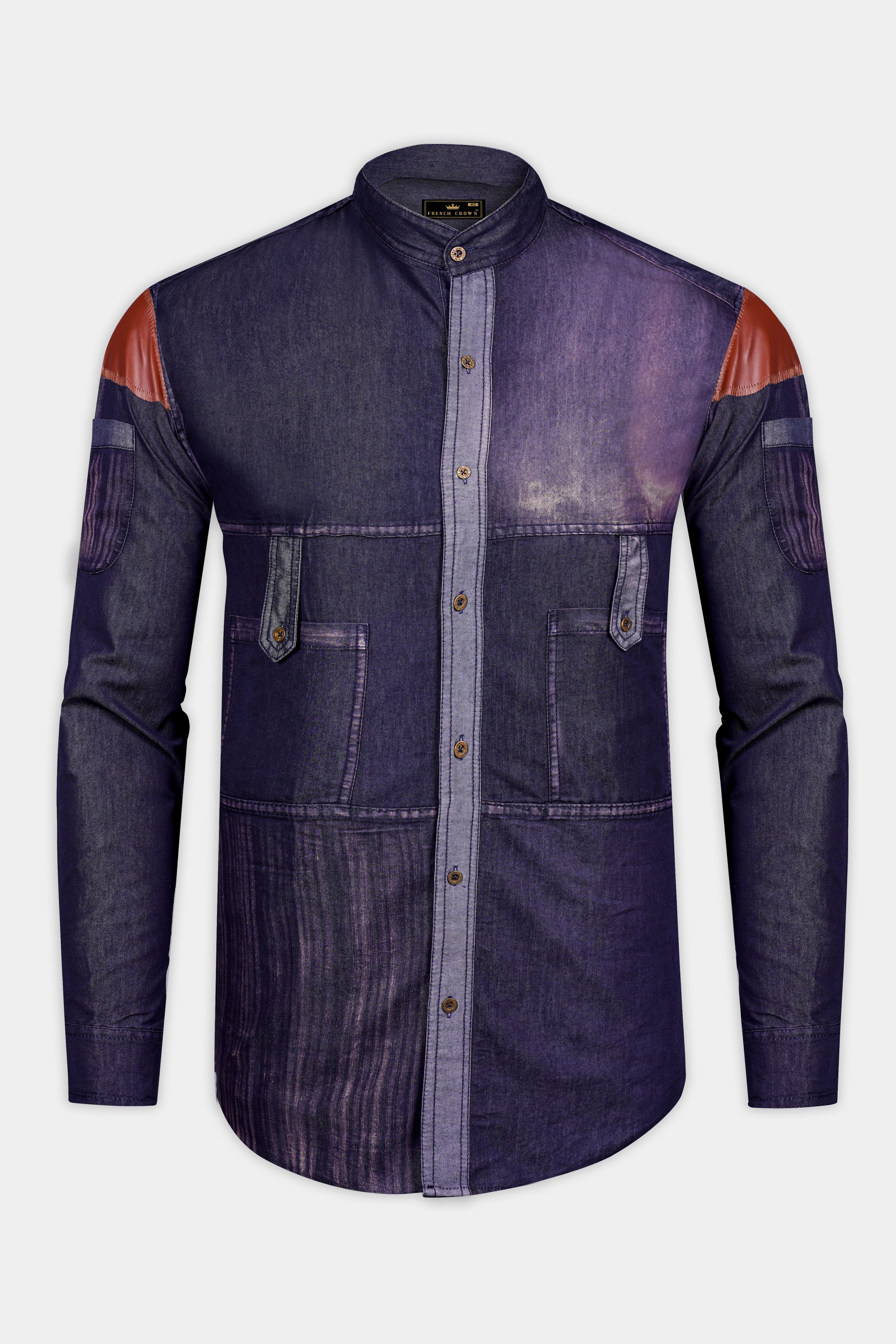 Bunting Blue with Opium Rusted Denim Designer Shirt With Leather Patch Work