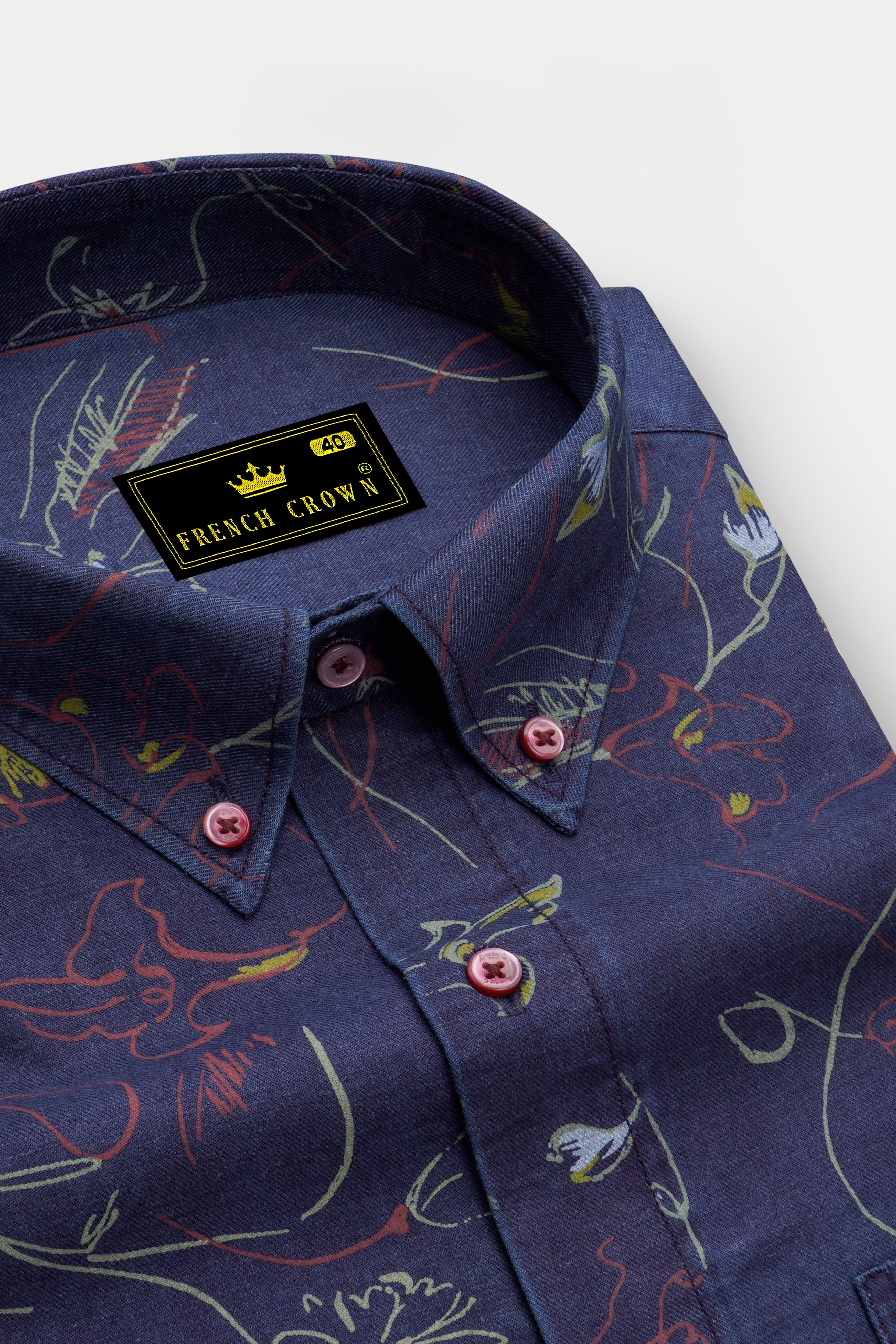 Martinique Blue Floral Textured With Maroon Buttondown Denim Shirt