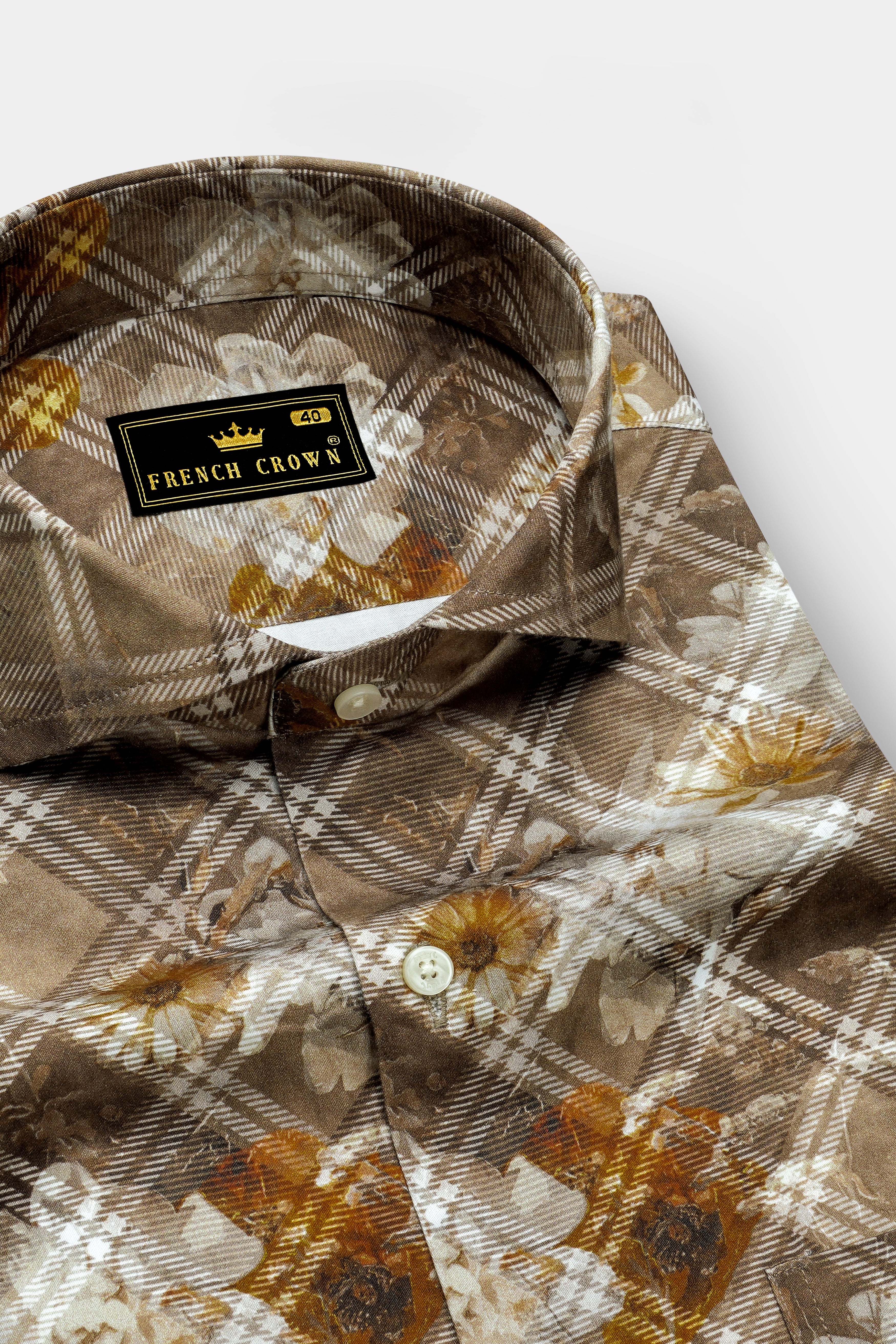Ferra with Dull Brown Diagonally Checkered with Floral Printed Super Soft Premium Cotton Shirt