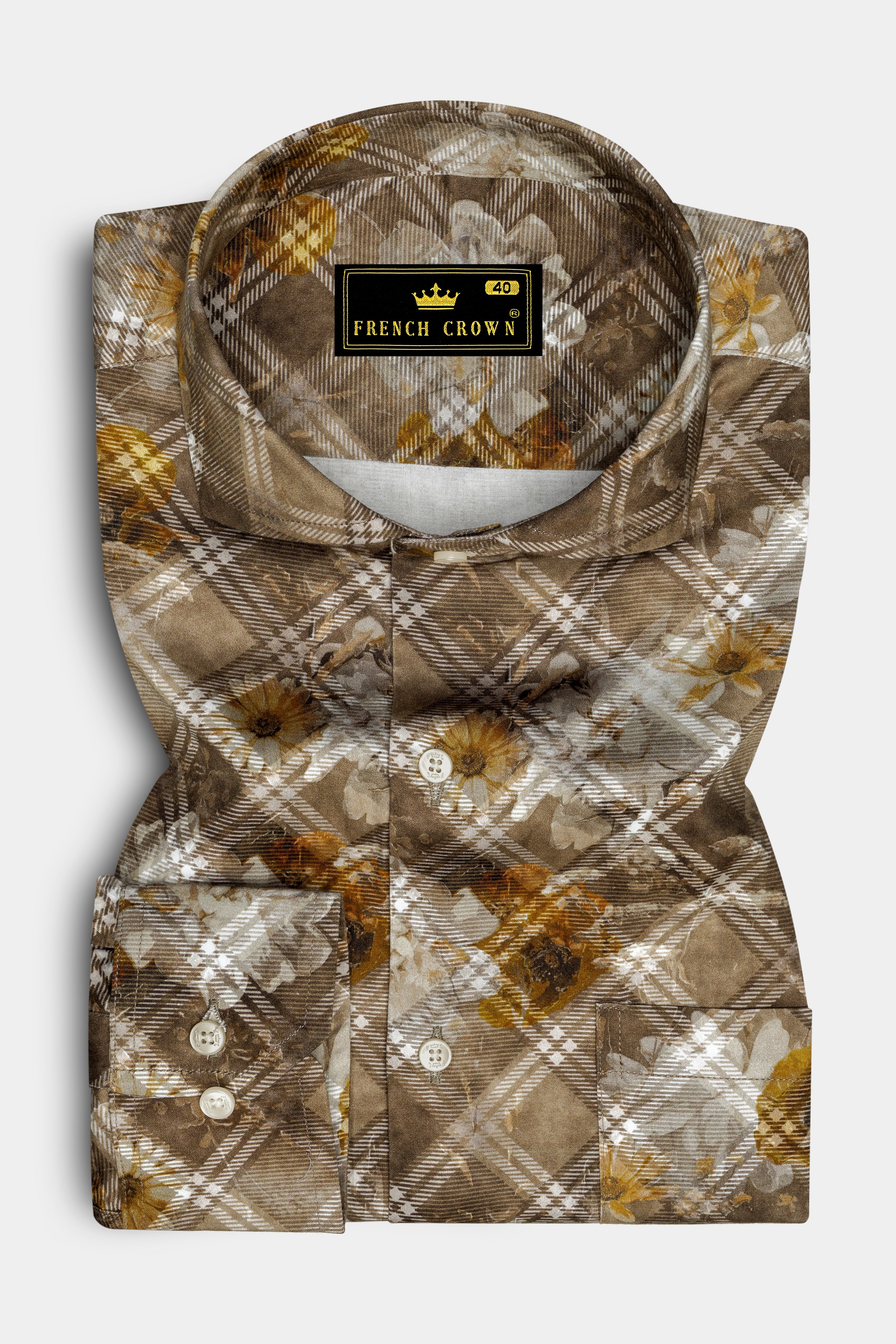 Ferra with Dull Brown Diagonally Checkered with Floral Printed Super Soft Premium Cotton Shirt