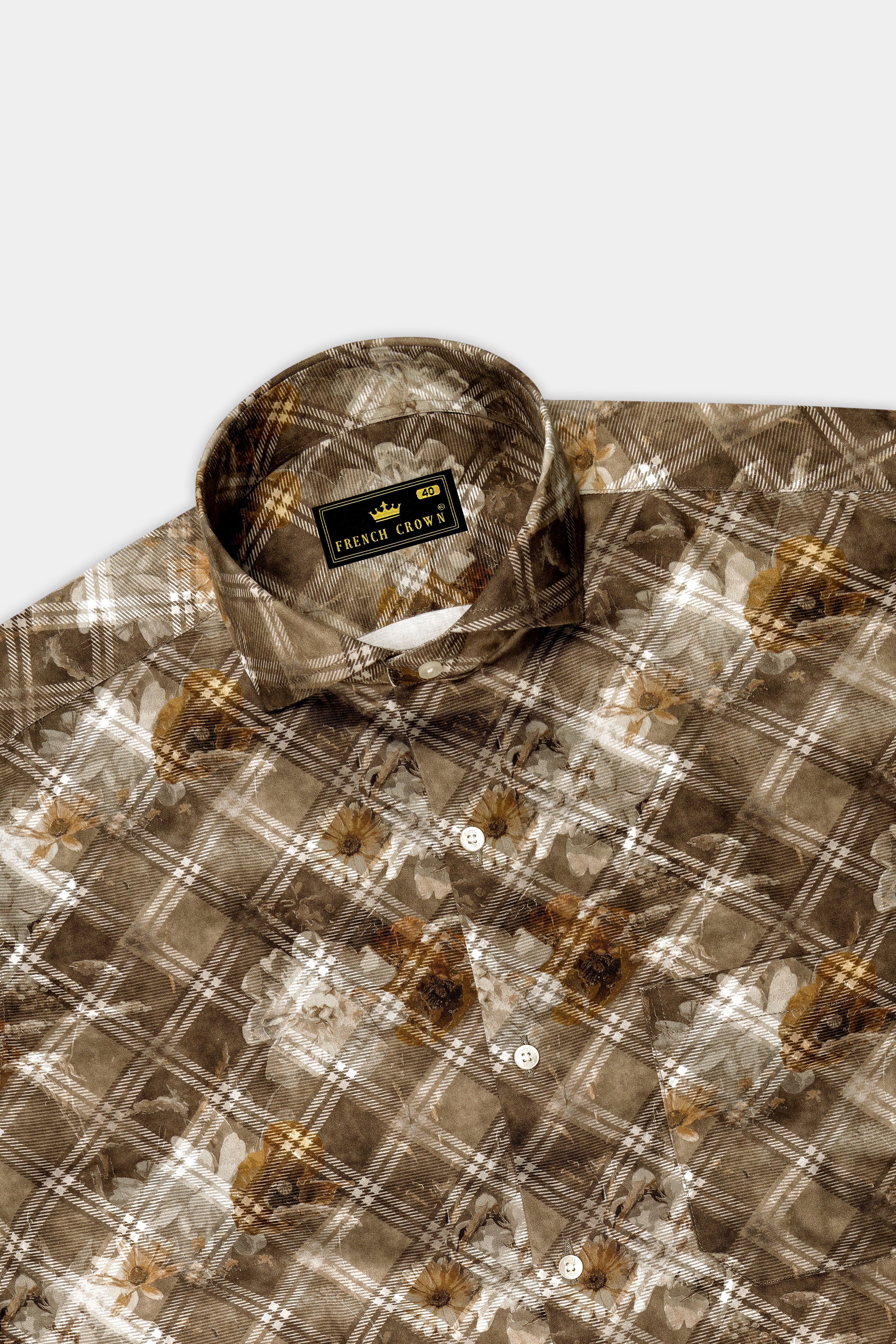 Ferra with Dull Brown Diagonally Checkered with Floral Printed Super Soft Premium Cotton Shirt