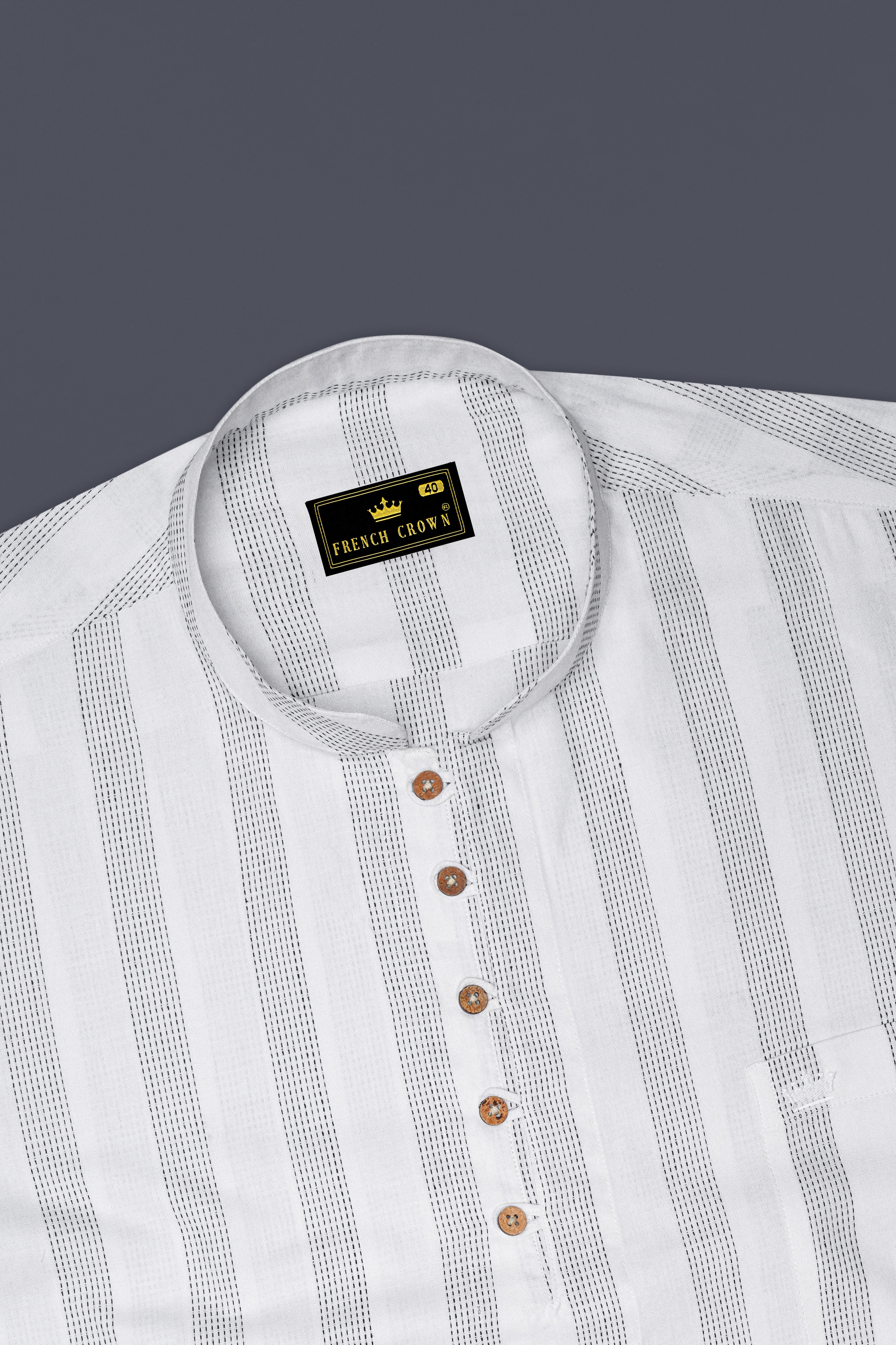 Bright White with Black Striped Dobby Textured Premium Giza Cotton Kurta Shirt