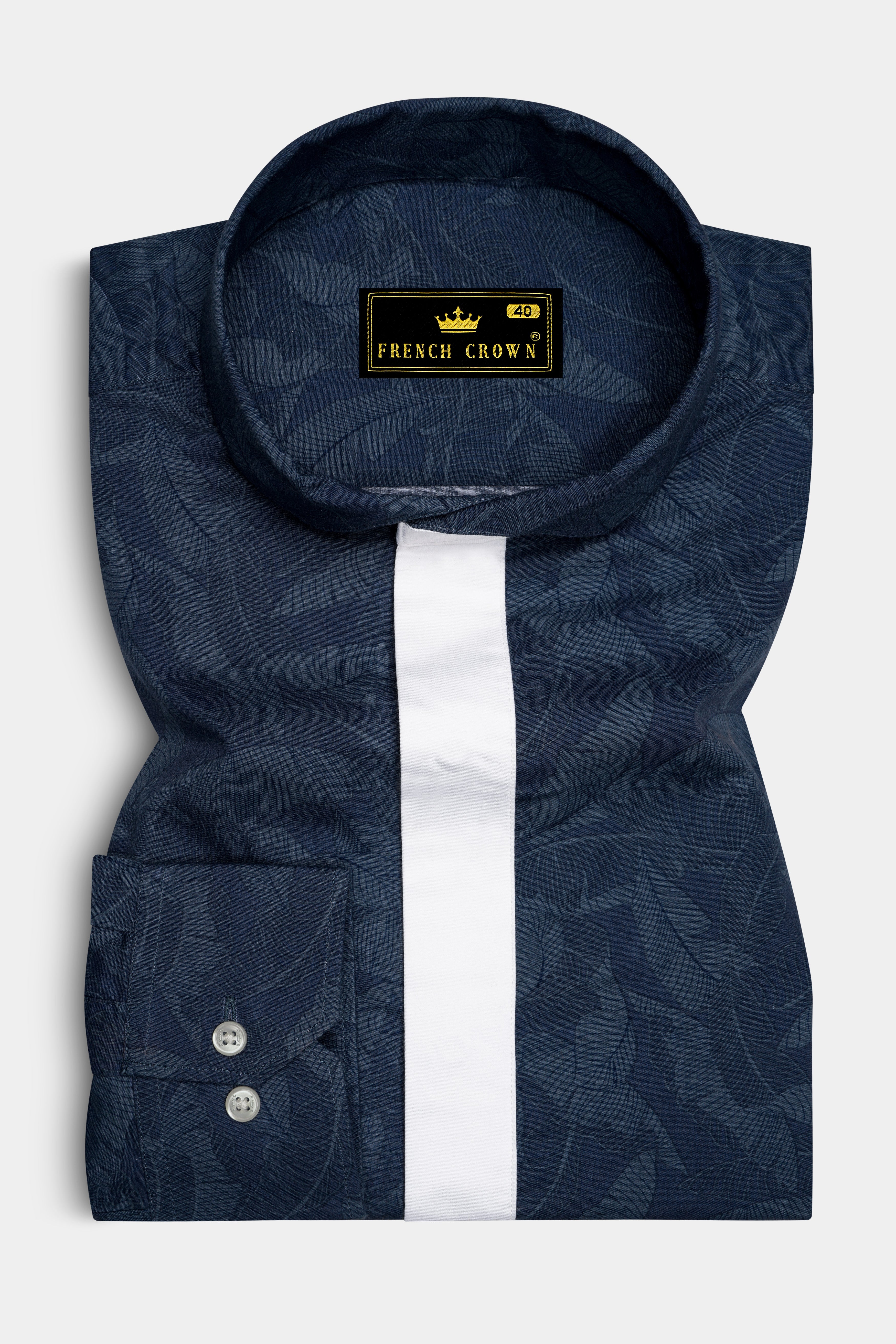 Rhino Blue Leaves Printed Premium Cotton Designer Shirt