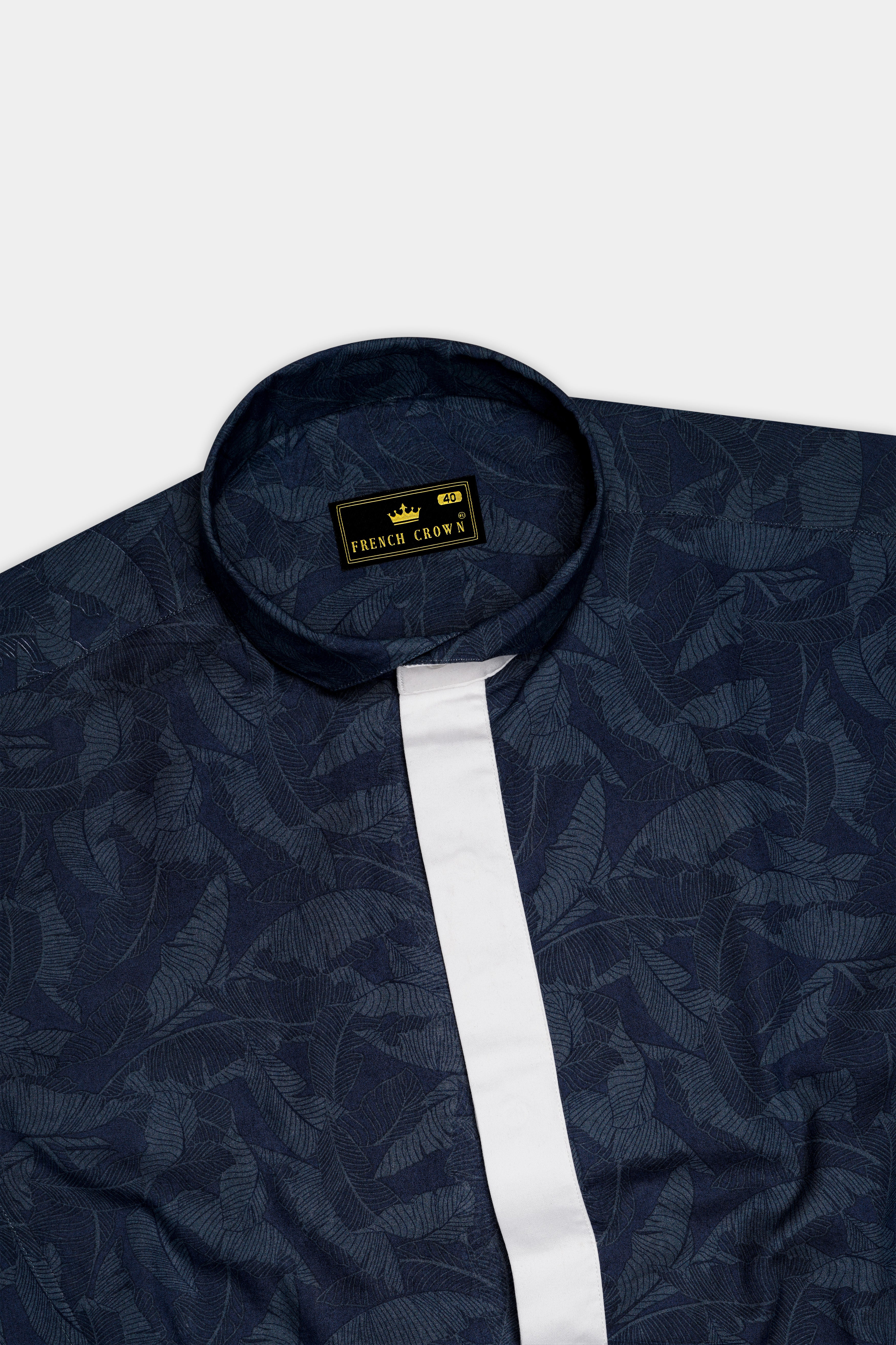 Rhino Blue Leaves Printed Premium Cotton Designer Shirt