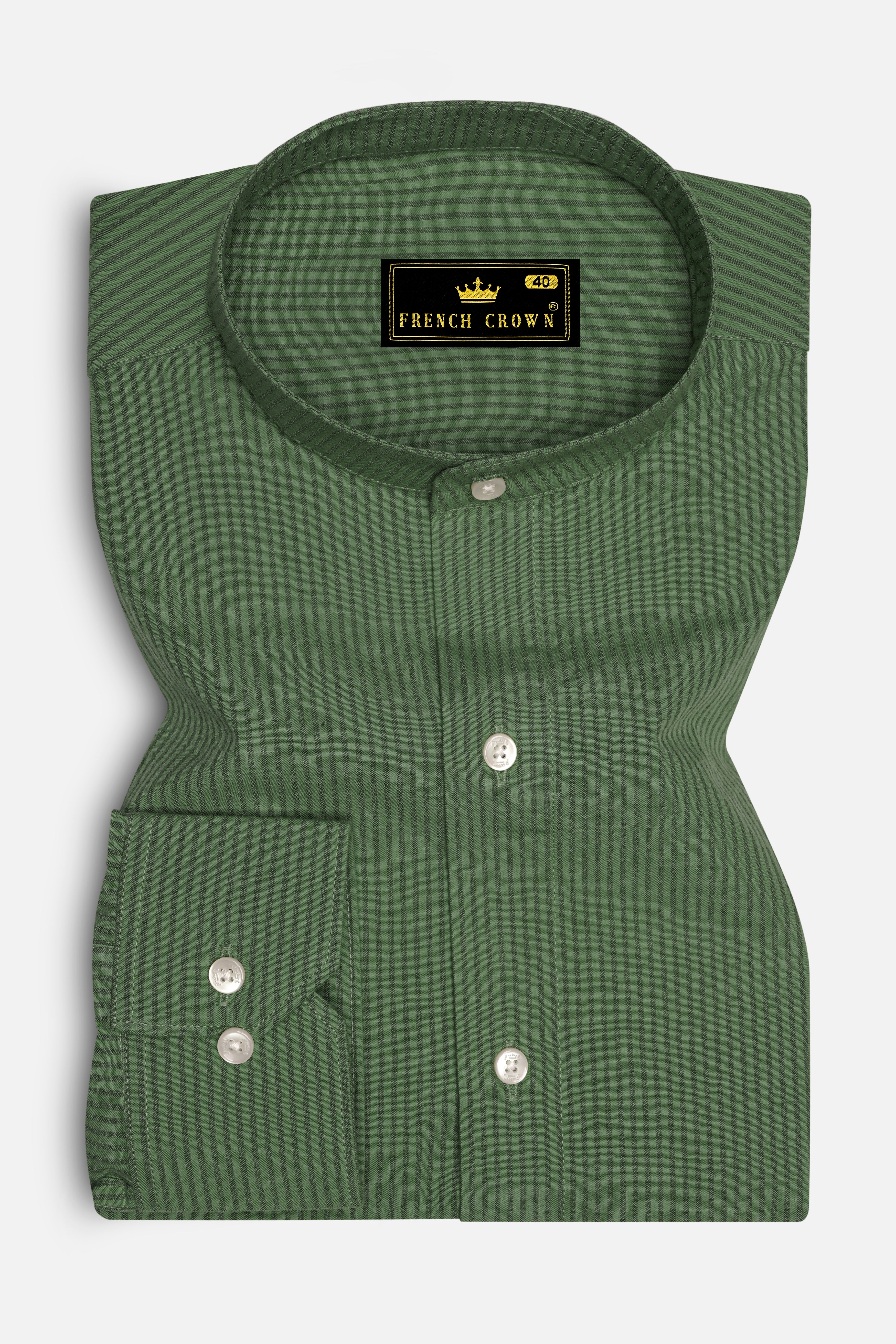 Lichen Green with Geyser Blue Striped Seersucker Giza Cotton Shirt