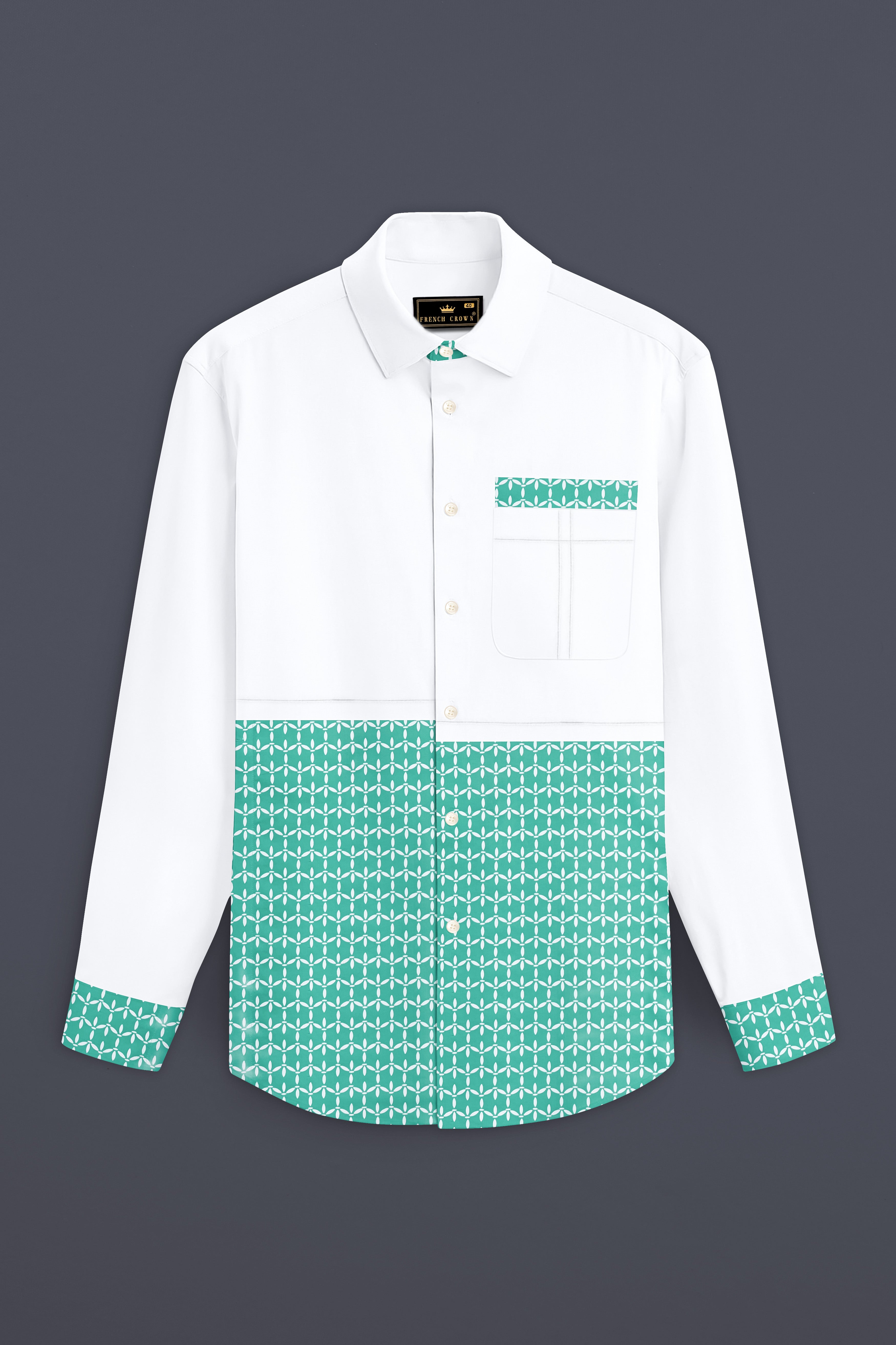 Bright White with Cascade Green Printed Premium Cotton Designer Shirt