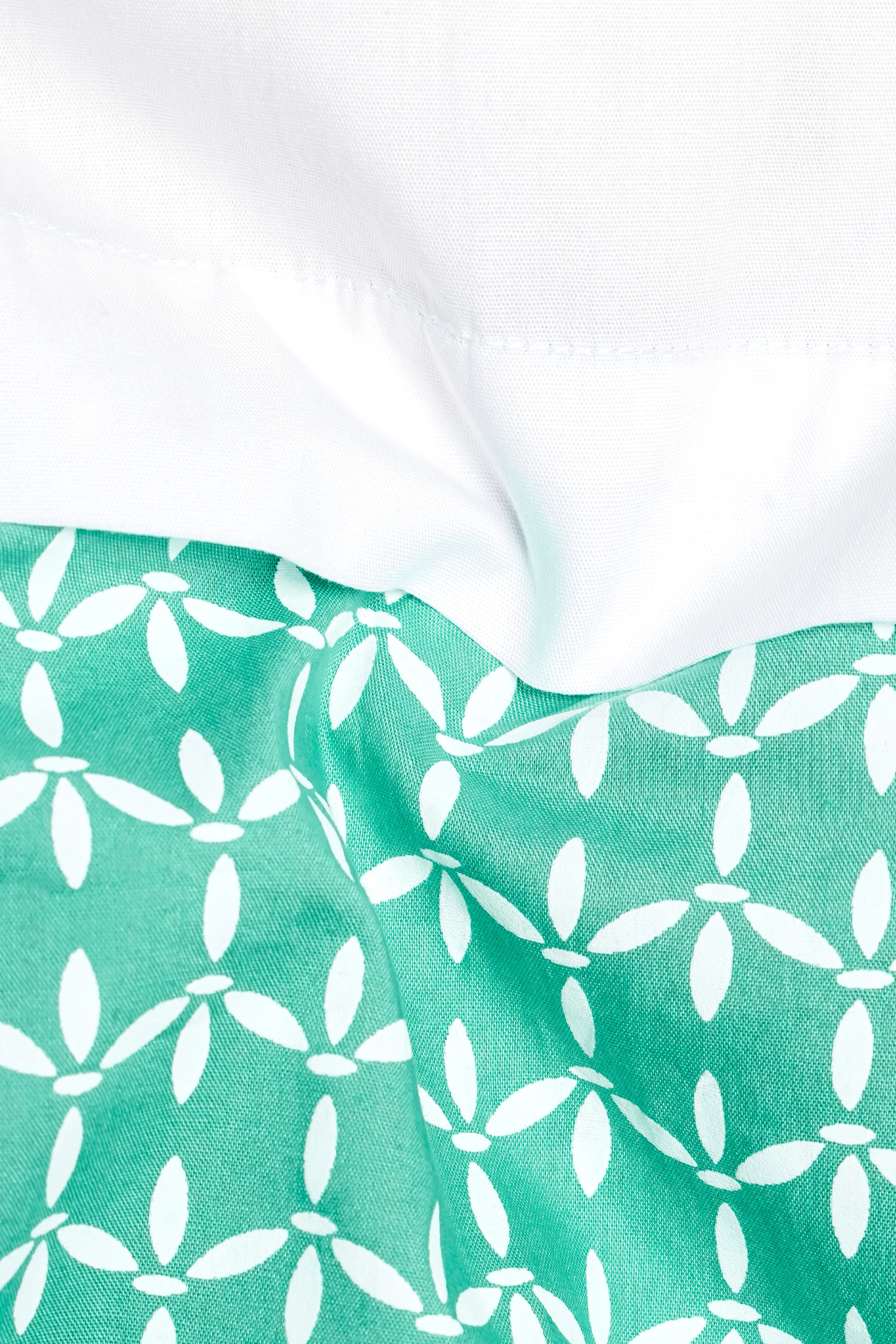 Bright White with Cascade Green Printed Premium Cotton Designer Shirt