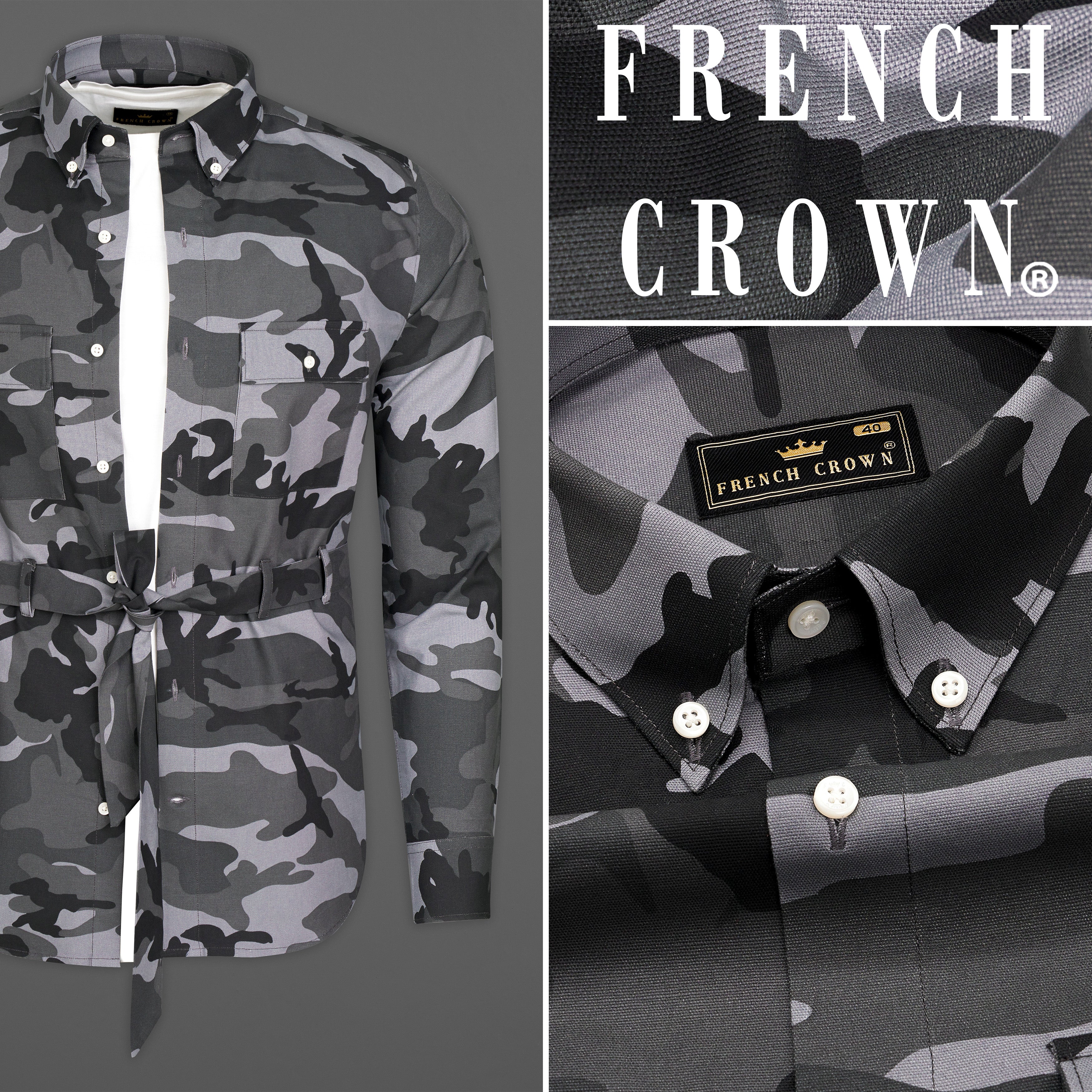 Iridium Gray with Jade Black Camouflage Royal Oxford Designer Shirt