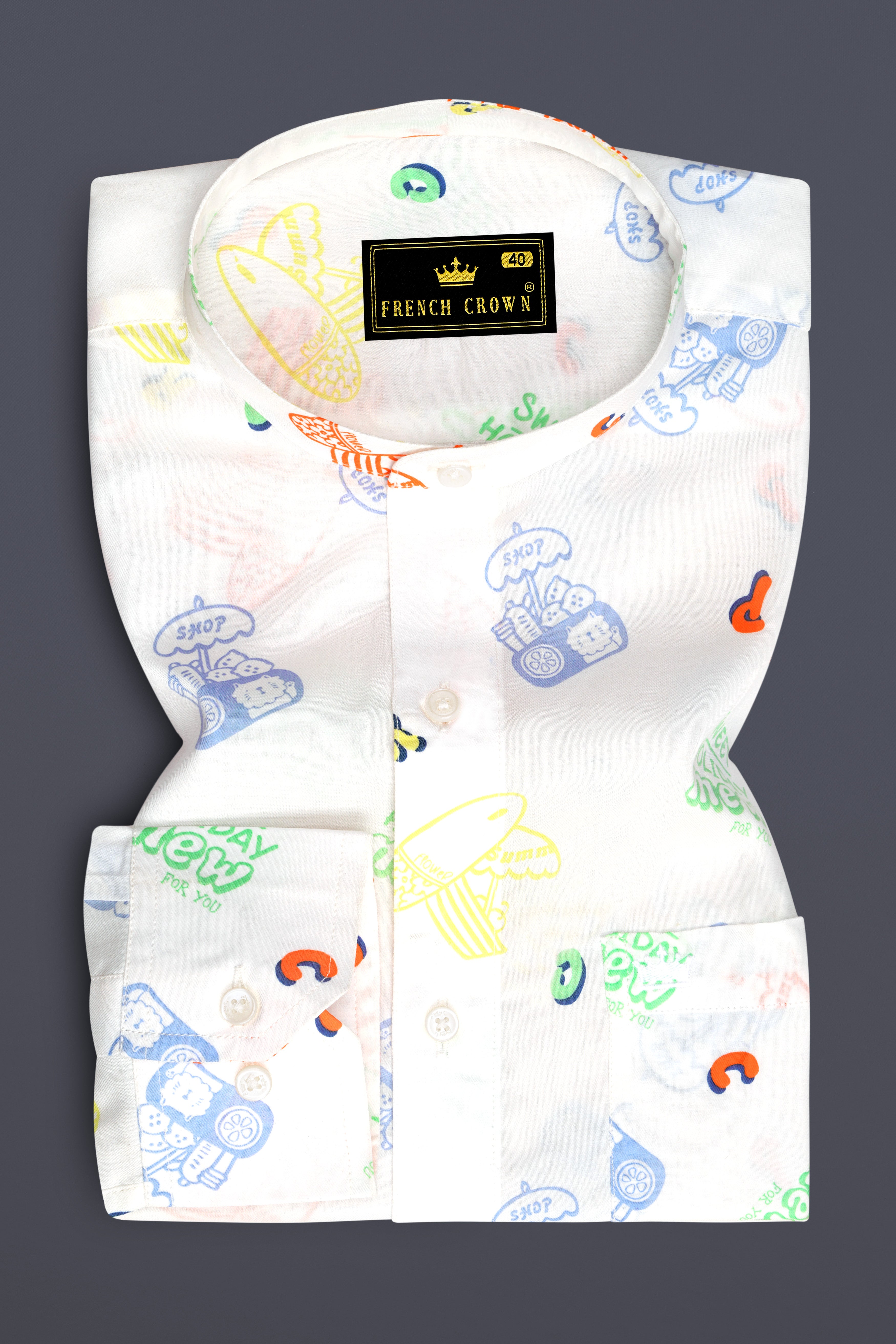Bright White Multicolour Quirky Printed Premium Cotton Shirt