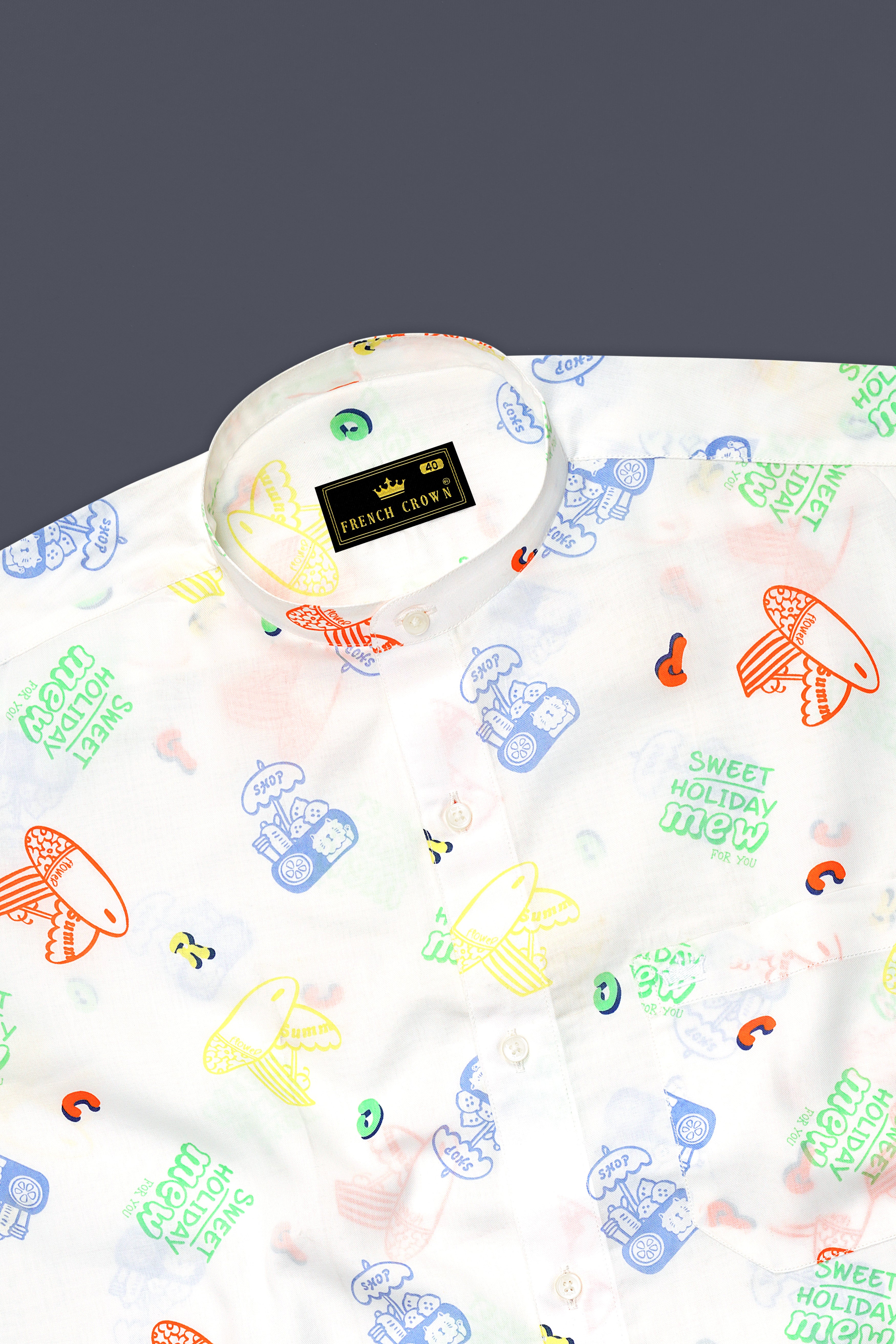 Bright White Multicolour Quirky Printed Premium Cotton Shirt