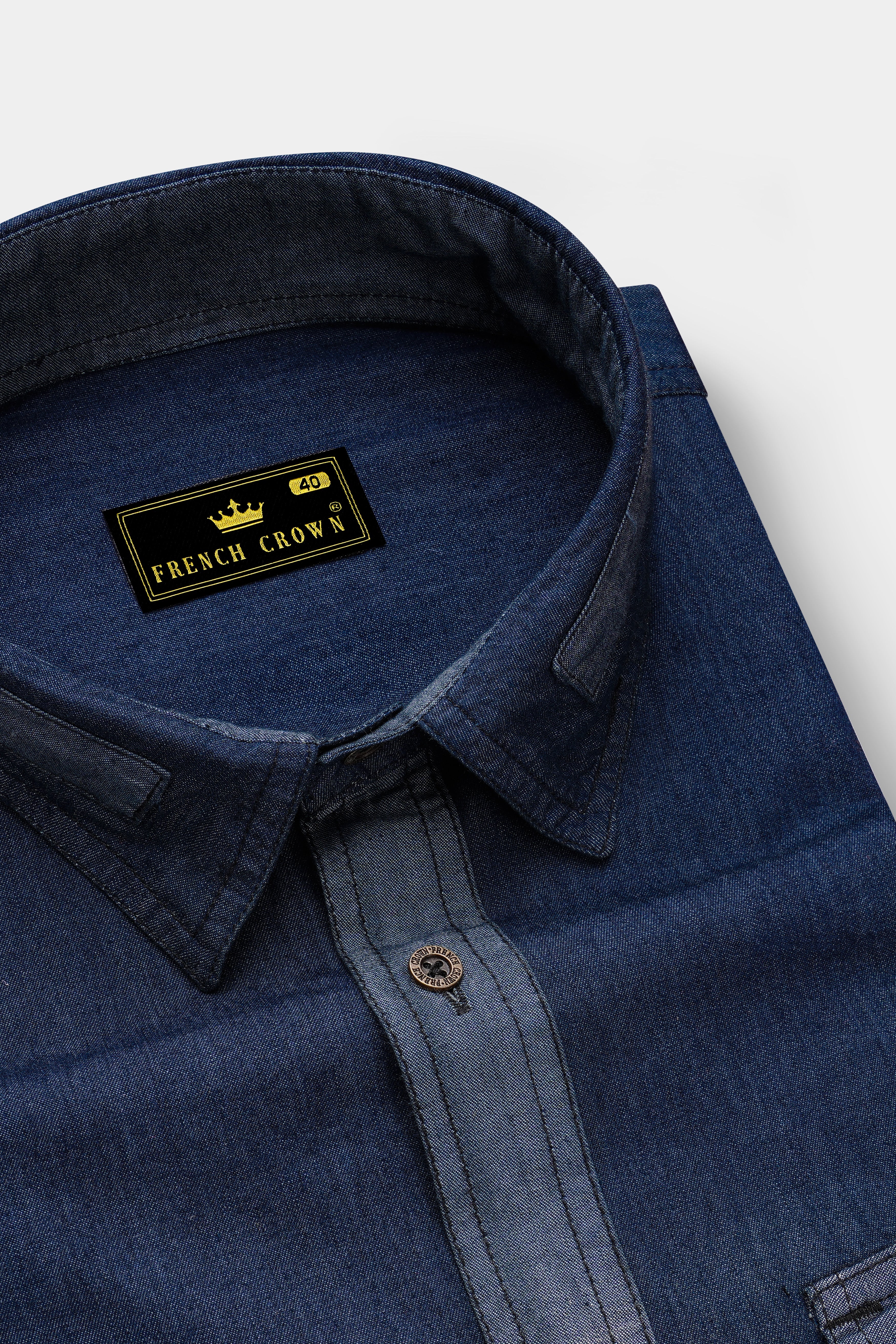 Outer Space Blue with Brown Patchwork Chambray Denim Designer Shirt