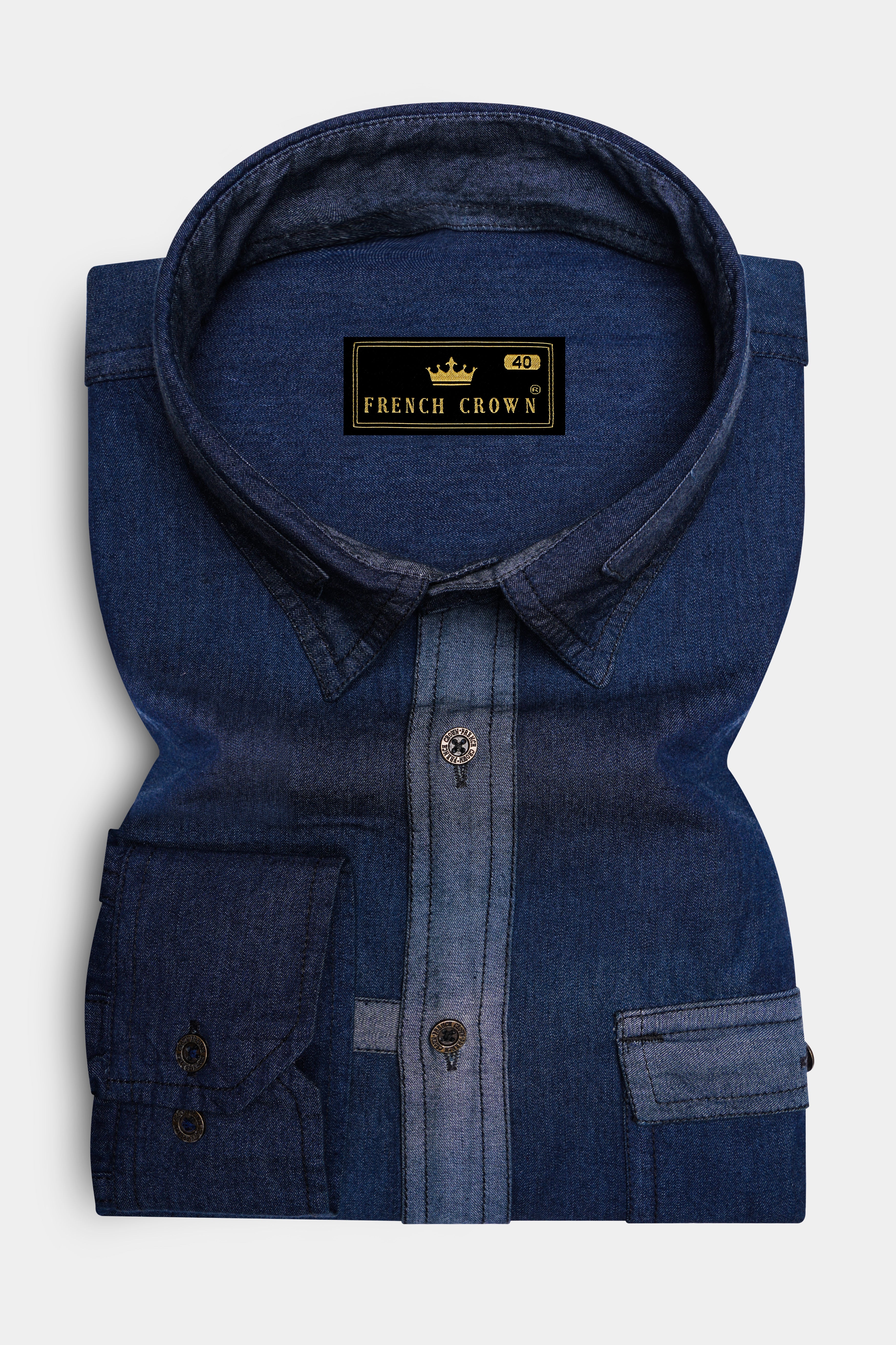 Outer Space Blue with Brown Patchwork Chambray Denim Designer Shirt