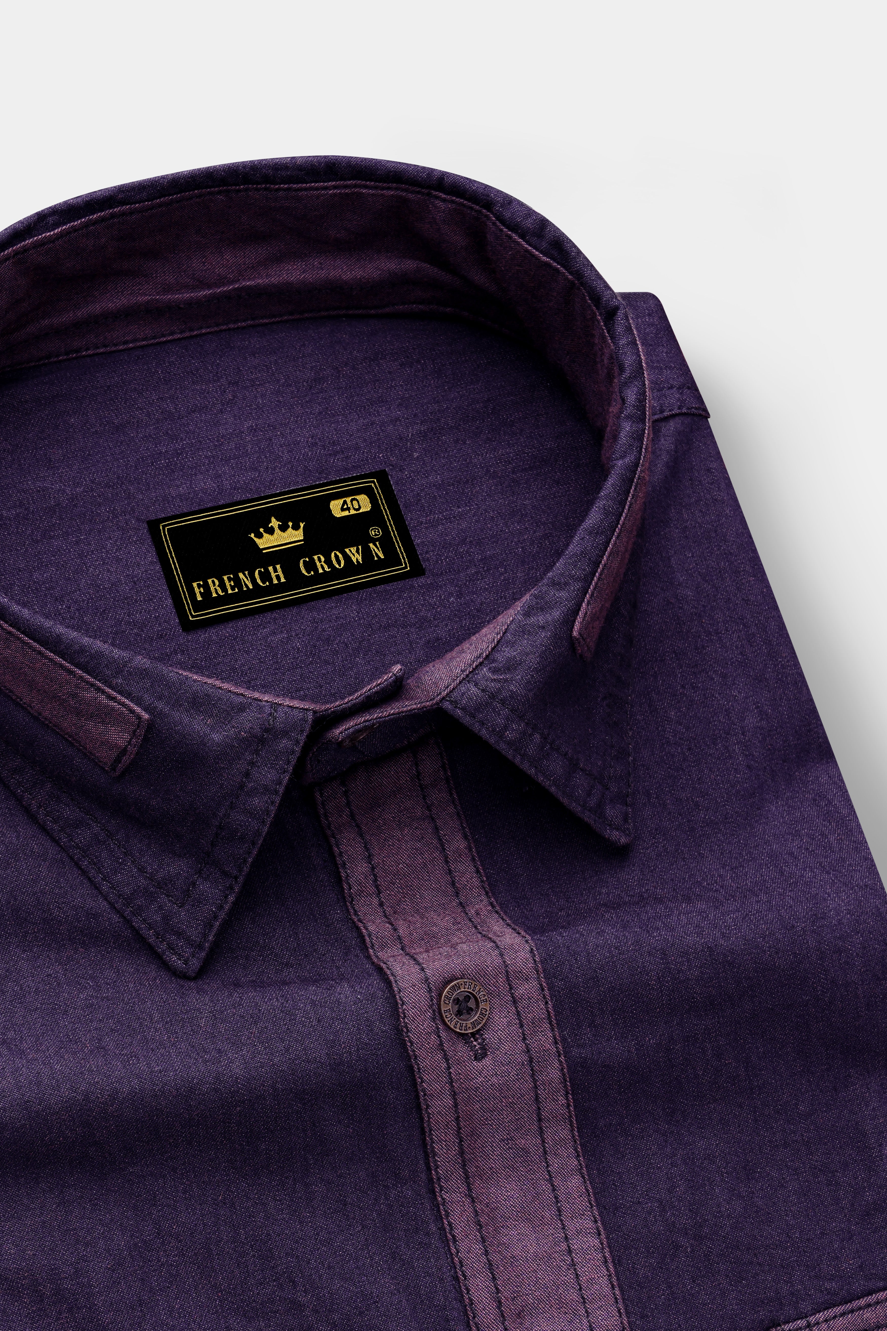Thunder Purple Chambray Denim Designer Shirt with Brown Patchwork