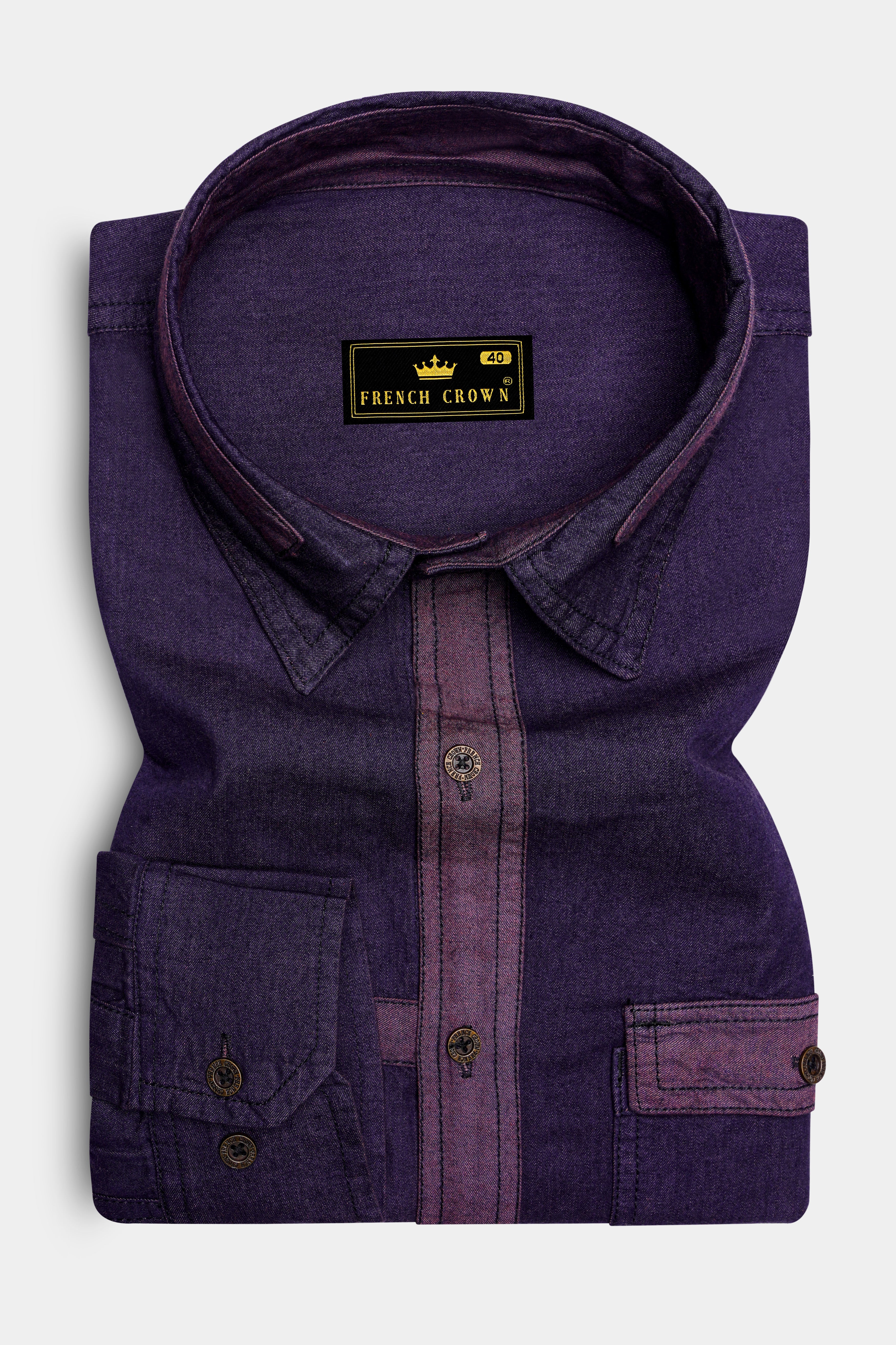 Thunder Purple Chambray Denim Designer Shirt with Brown Patchwork