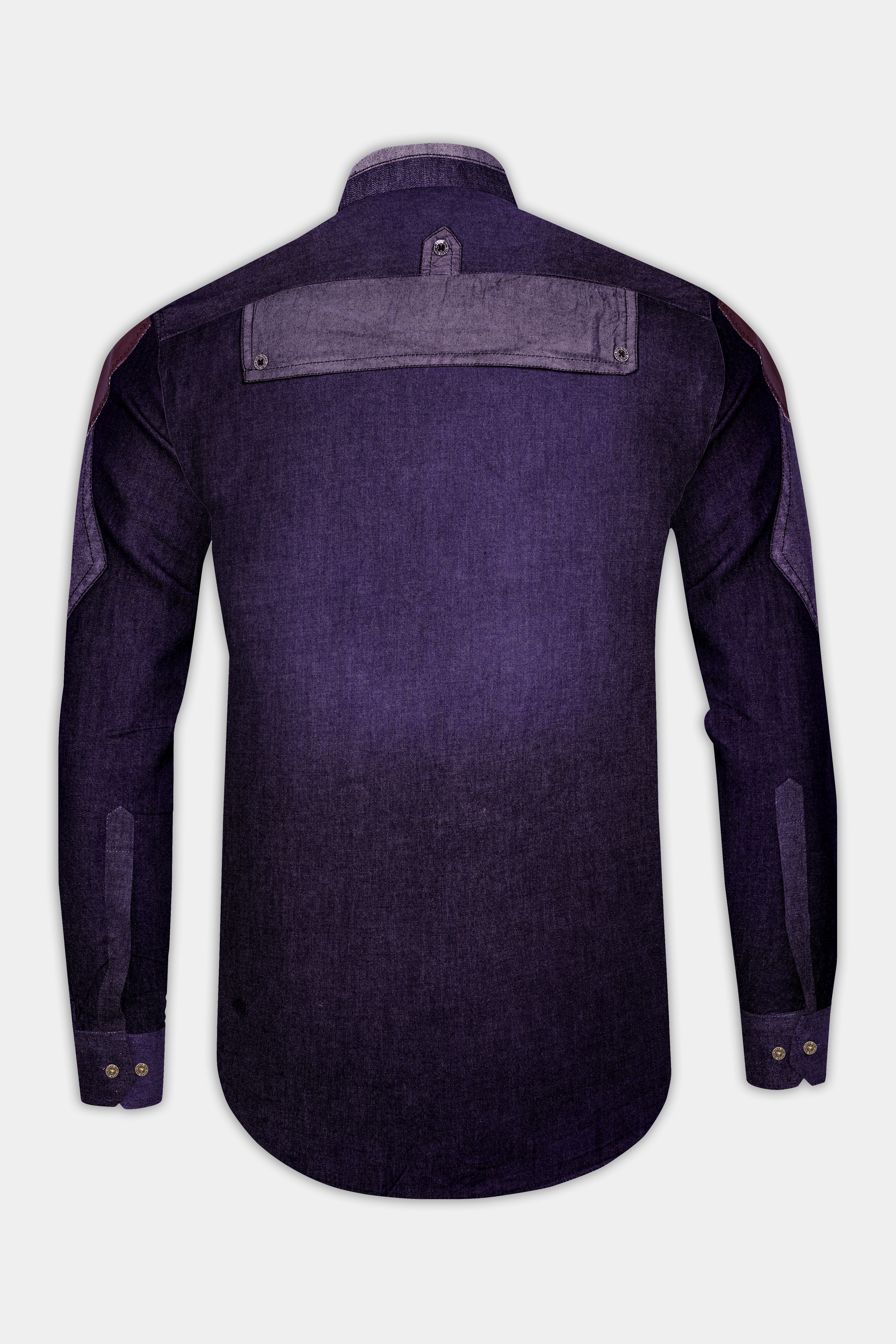 Thunder Purple Chambray Denim Designer Shirt with Brown Patchwork