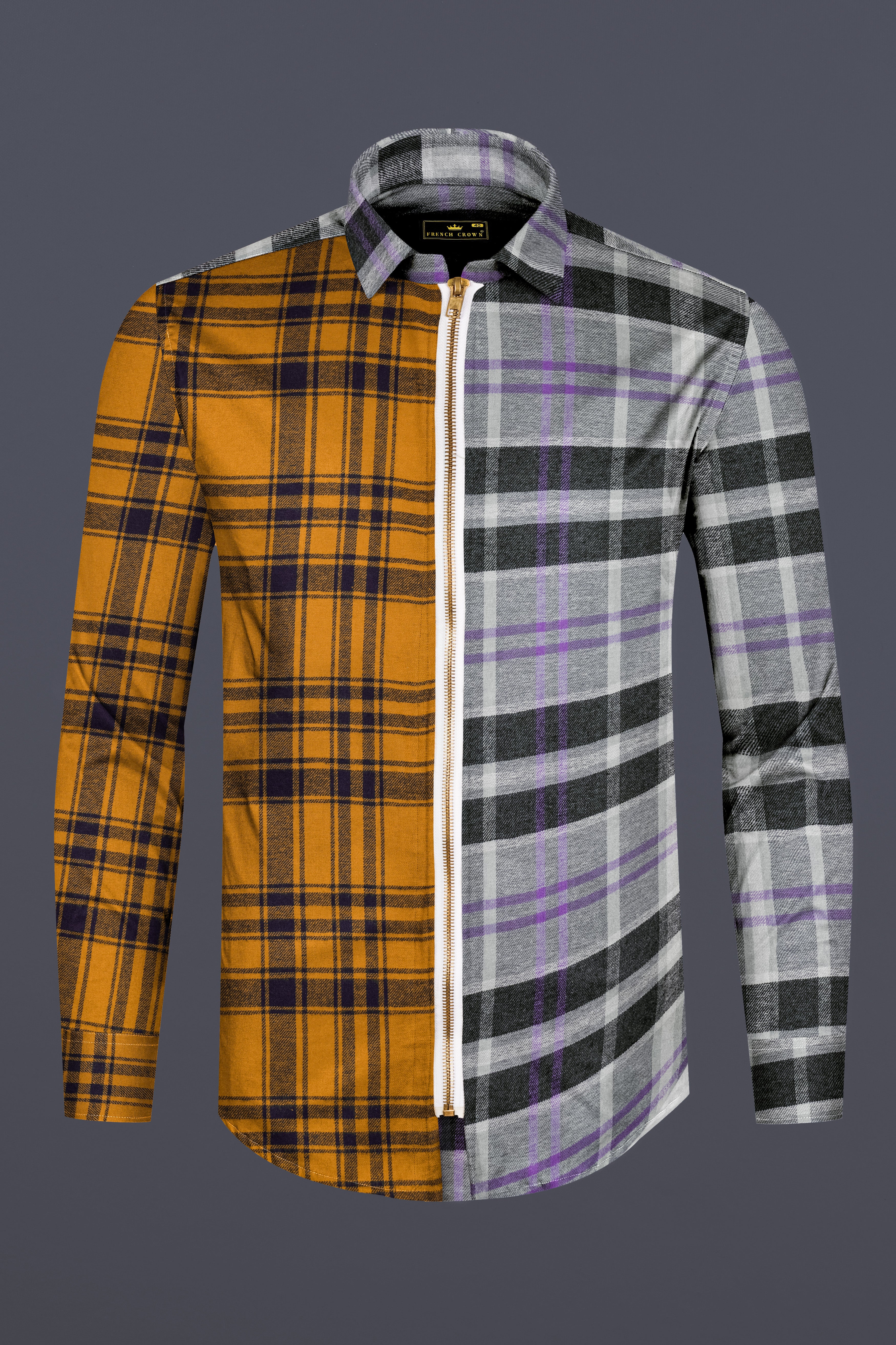 Cadmium Brown with Aluminium Gray Plaid Flannel Designer Overshirt/Shacket