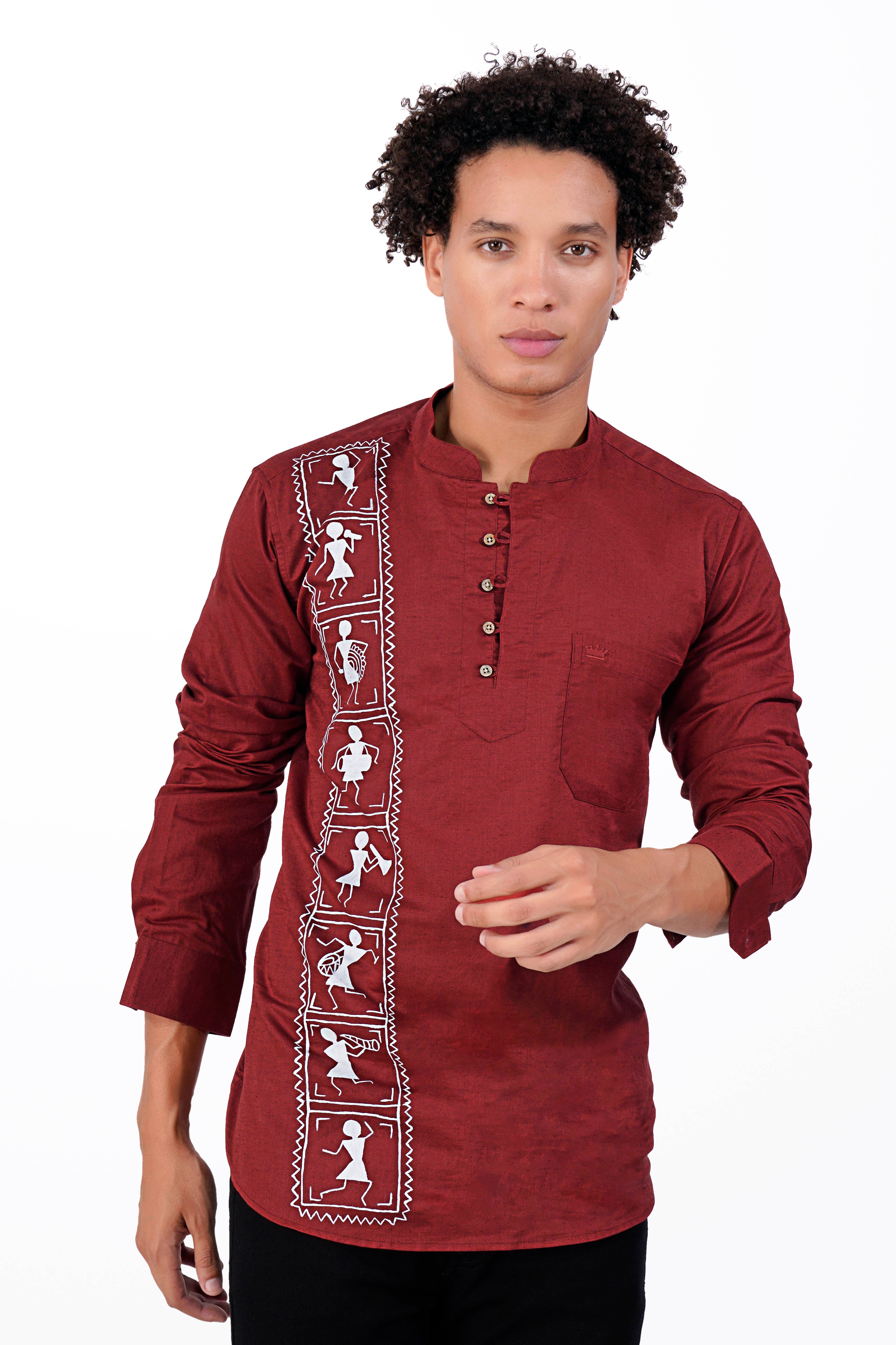 Stiletto Red Tribal Hand Painted Luxurious Linen Designer Kurta Shirt 9590-KS-ART-38, 9590-KS-ART-H-38, 9590-KS-ART-39, 9590-KS-ART-H-39, 9590-KS-ART-40, 9590-KS-ART-H-40, 9590-KS-ART-42, 9590-KS-ART-H-42, 9590-KS-ART-44, 9590-KS-ART-H-44, 9590-KS-ART-46, 9590-KS-ART-H-46, 9590-KS-ART-48, 9590-KS-ART-H-48, 9590-KS-ART-50, 9590-KS-ART-H-50, 9590-KS-ART-52, 9590-KS-ART-H-52
