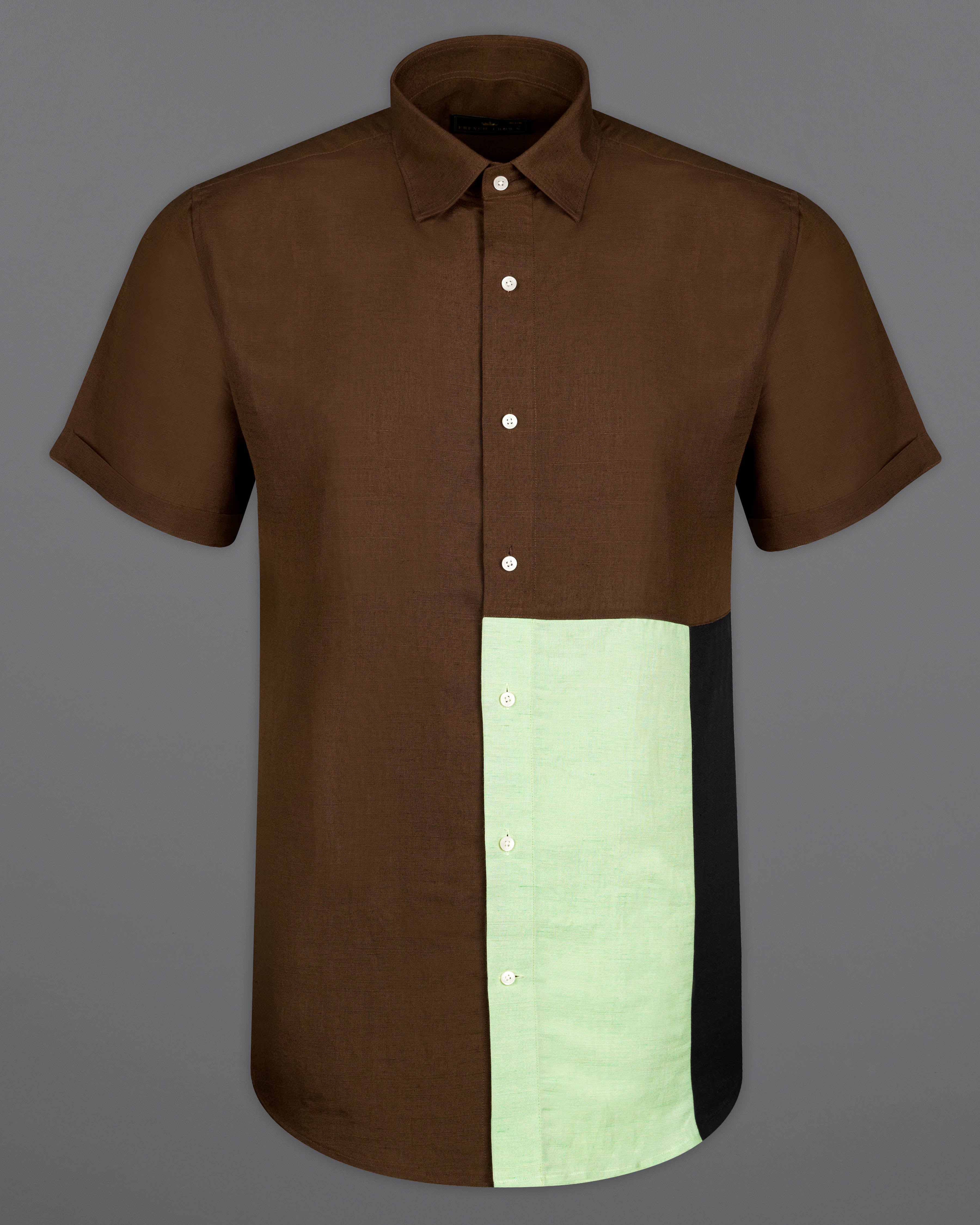 Spice Brown with Fringy Green and Black Patchwork Luxurious Linen Designer Shirt 9928-SS-P340-P340-38, 9928-SS-P340-P340-39, 9928-SS-P340-P340-40, 9928-SS-P340-P340-42, 9928-SS-P340-P340-44, 9928-SS-P340-P340-46, 9928-SS-P340-P340-48, 9928-SS-P340-P340-50, 9928-SS-P340-P340-52