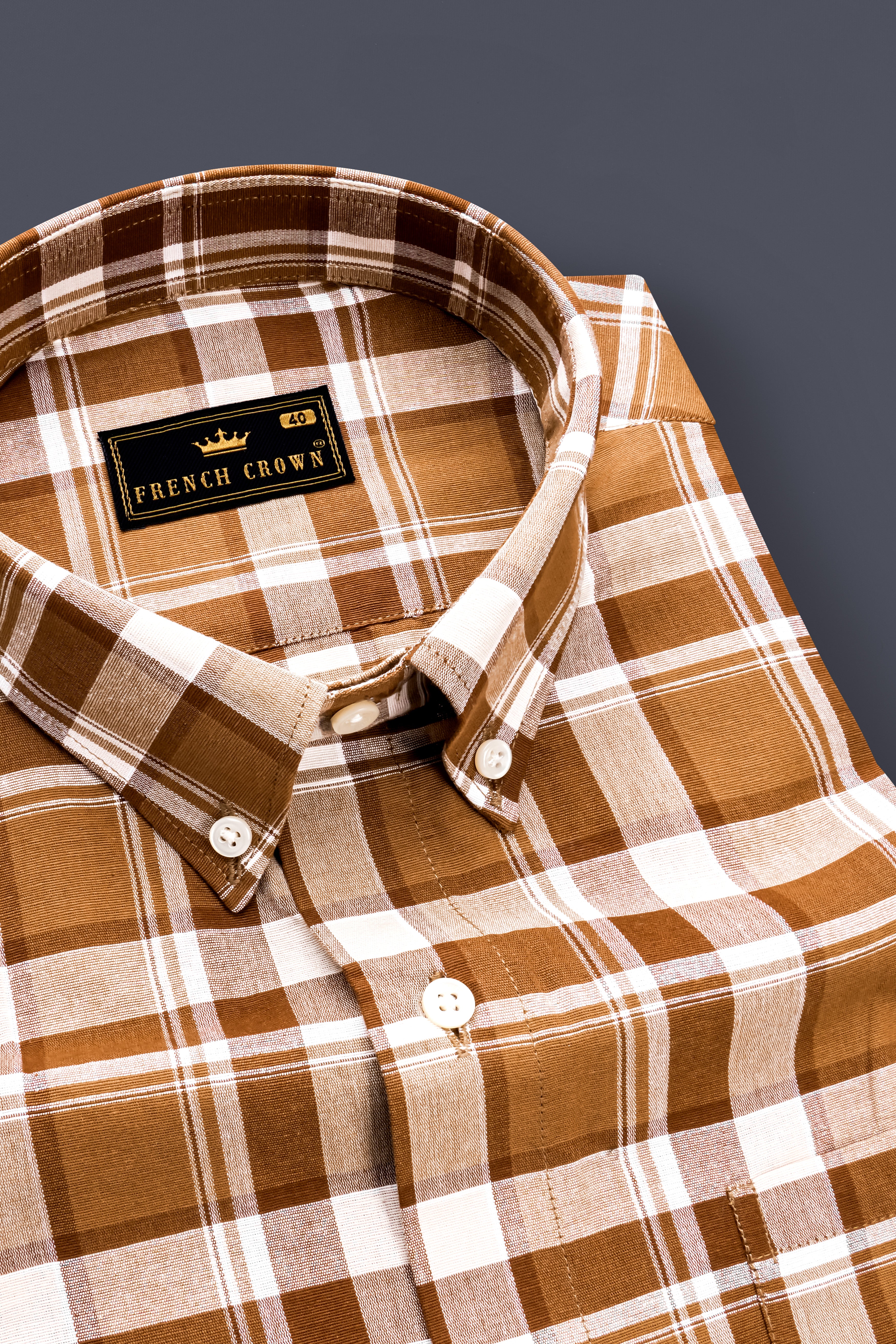 Spice Brown and White Plaid Chambray Button-Down Shirt